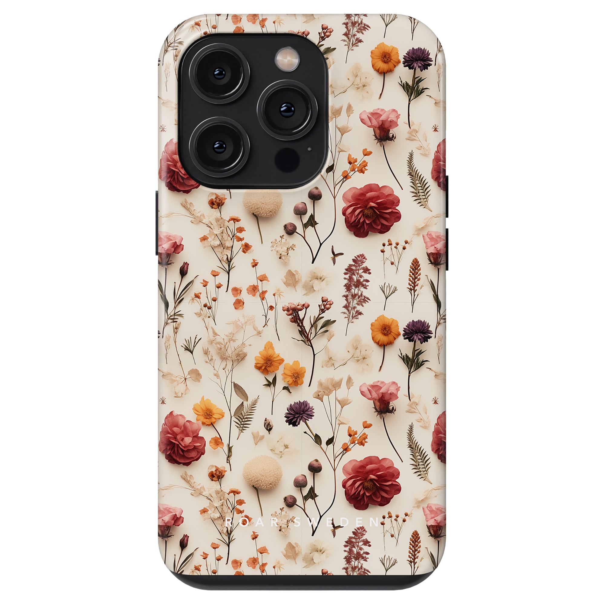 A smartphone encased in the Dried Flowers - Tough Case, which features a floral design with various flowers and plants in shades of red, orange, and purple on a light background, inspired by the höstkollektion.