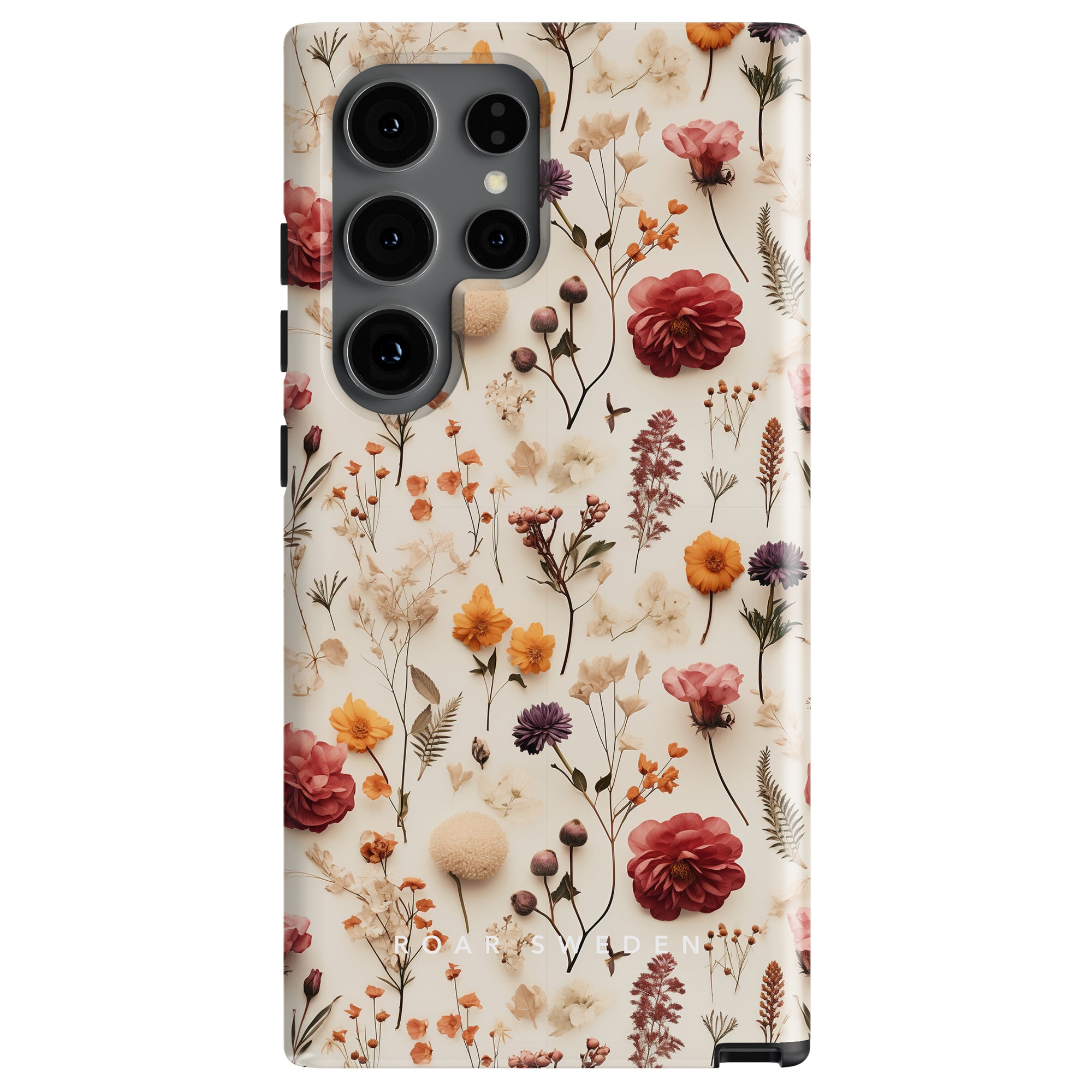 A smartphone featuring the Dried Flowers - Tough Case from the höstkollektion, this case showcases a floral pattern with dried flowers in red, yellow, orange, and purple tones. The phone itself also comes equipped with multiple camera lenses on the back.