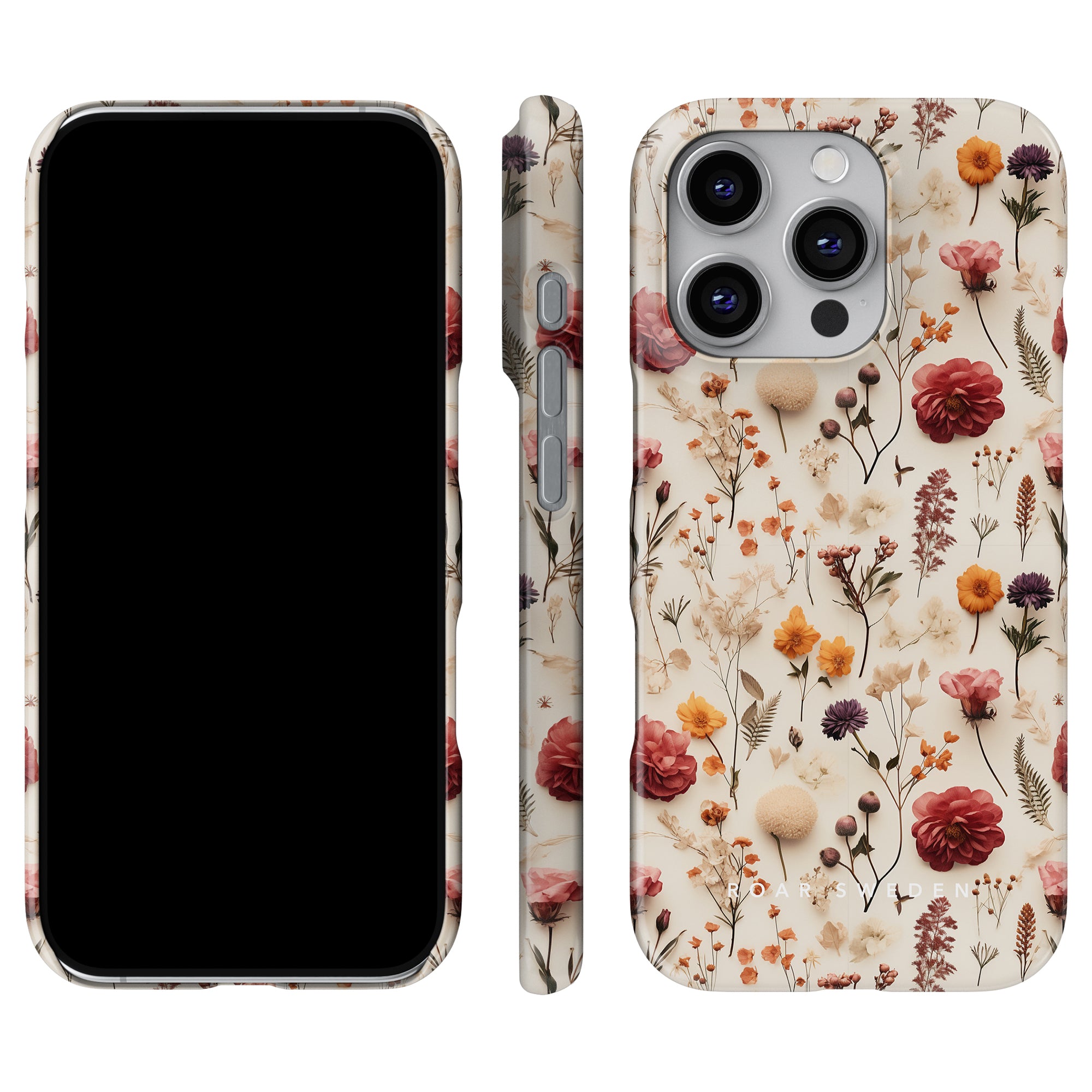 This smartphone, part of the Dried Flowers - Slim case collection, is showcased in a beautifully designed case featuring a stunning flower pattern. The mobilskal highlights the delicate artistry with front, side, and back views.