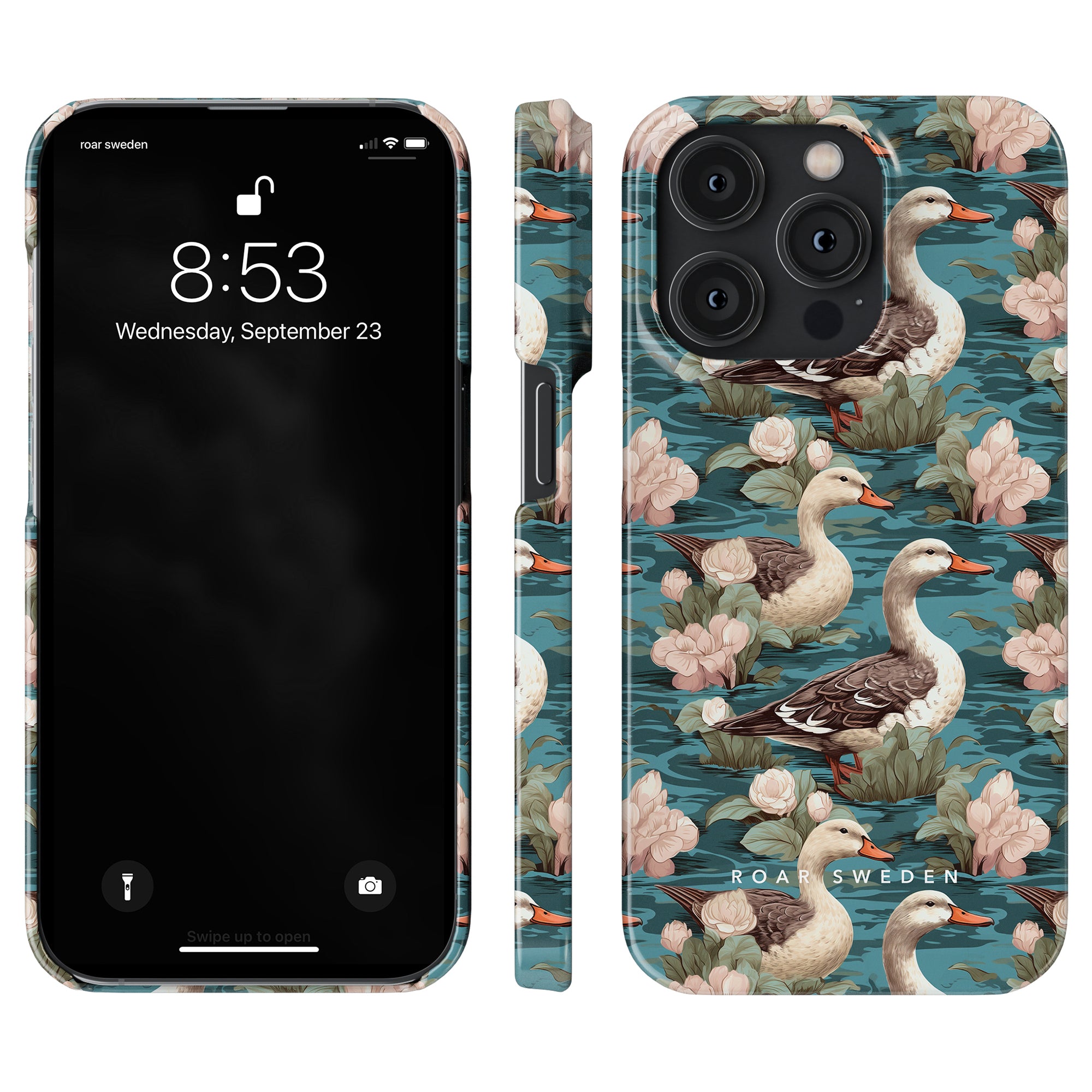 A smartphone nestled in a Duck Pond - Slim case, featuring intricate floral and duck patterns, sits beside its matching cover. The phone screen displays the time 8:53 and the date Wednesday, September 23, perfectly capturing the serene Duck Pond design.