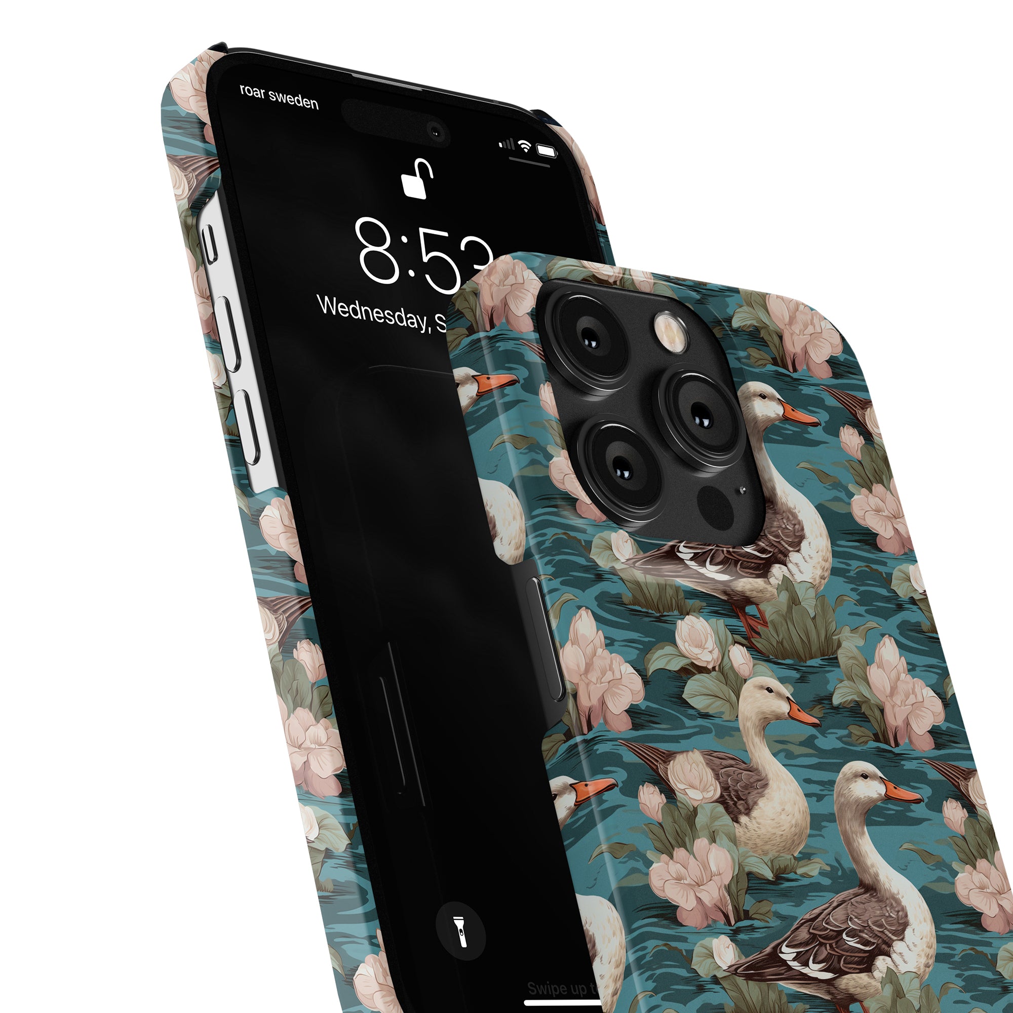 A smartphone with a Duck Pond - Slim case featuring ducks and flowers is displayed. The phone's screen shows the time as 8:53 and a portion of the date.