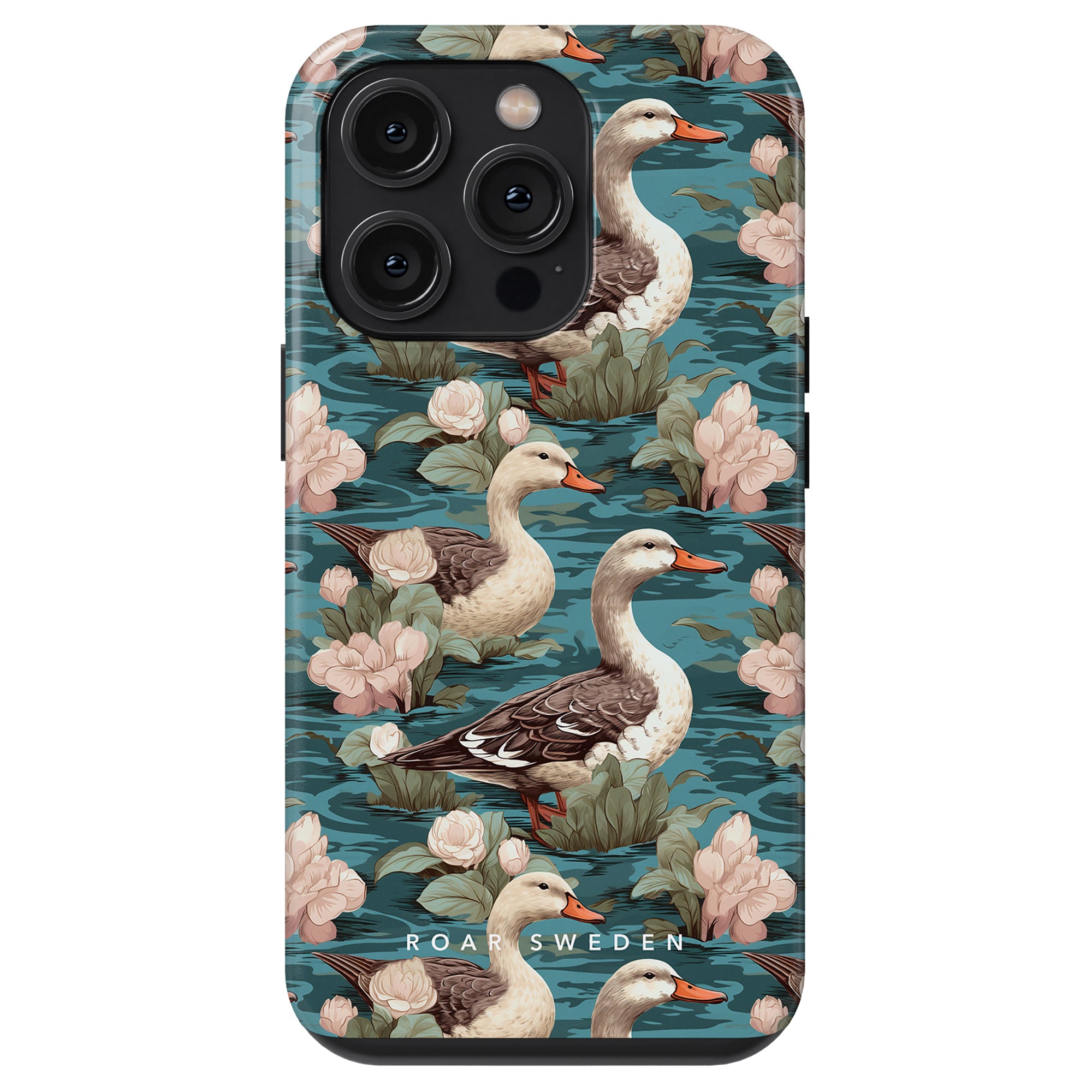 Introducing the "Duck Pond - Tough case," a durable protective cover adorned with an illustrated design of ducks and water lilies set against a teal background, with "ROAR SWEDEN" elegantly printed at the bottom.