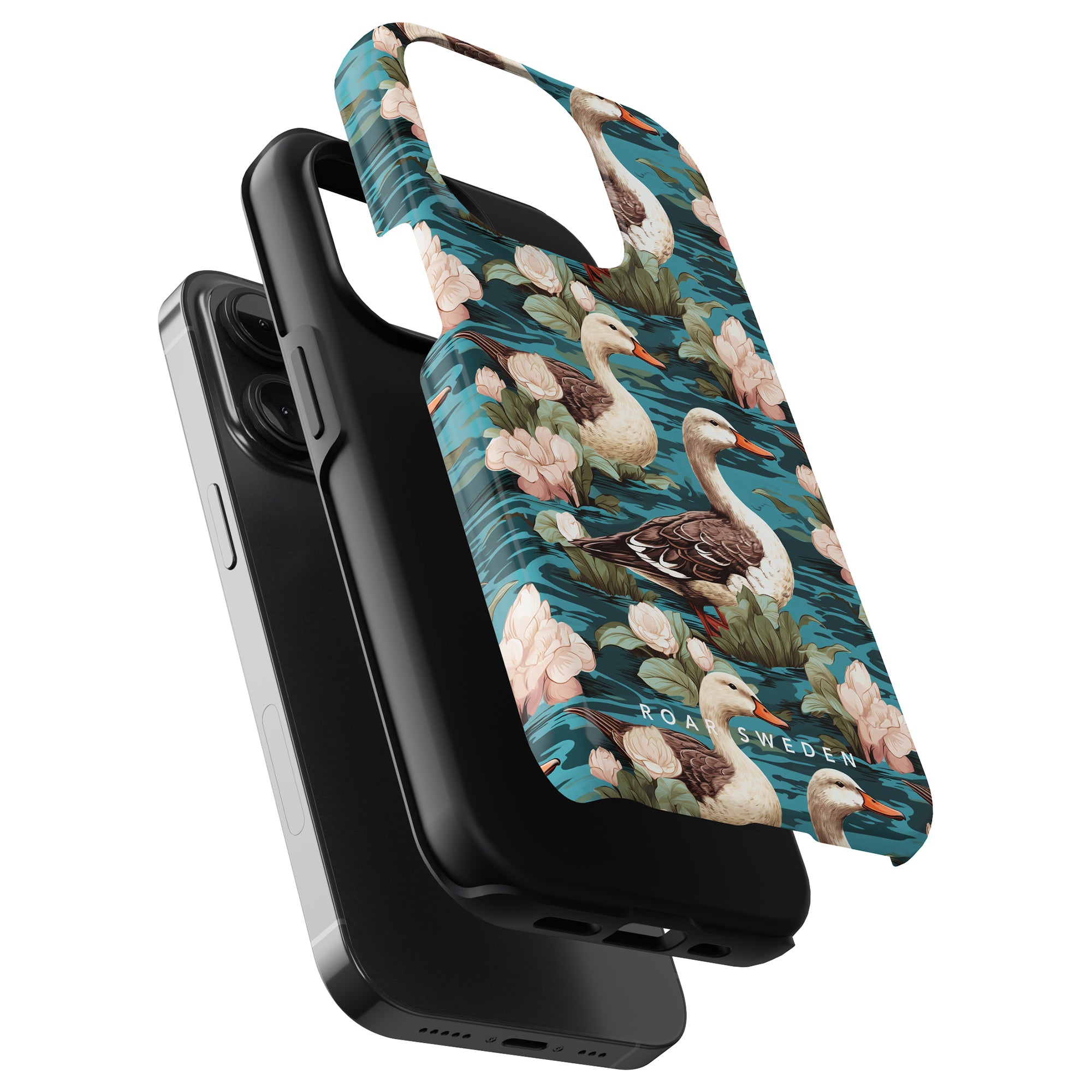 Three stacked phone cases: the top one, Duck Pond - Tough Case, with a floral design featuring swans; the middle one is black; and the bottom one is grey. The phone cases are shown angled and slightly separated.