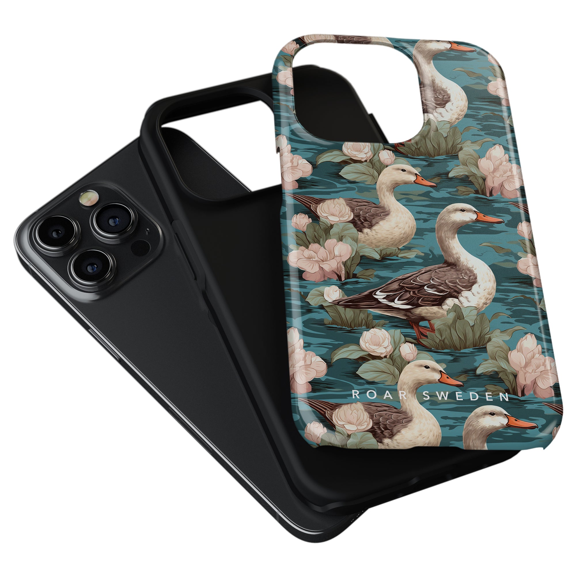 Two mobile cases, one plain black and one called "Duck Pond - Tough case," are stacked together. The Duck Pond case features a design with ducks and lotus flowers and has "ROAR SWEDEN" written on it.