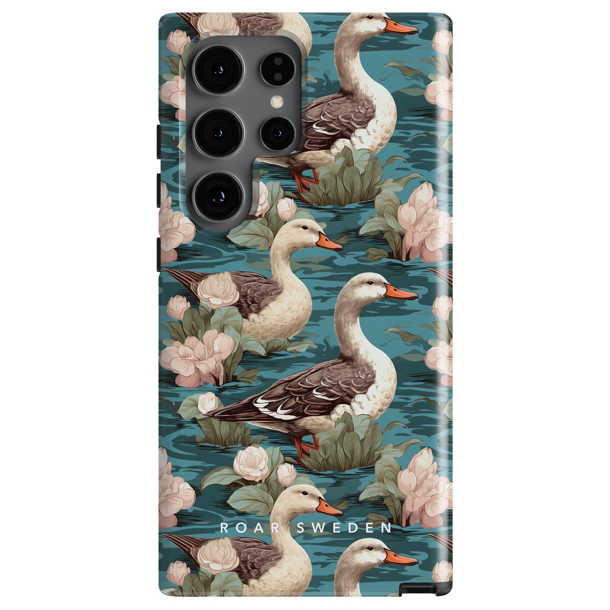 Discover our Duck Pond - Tough case, a resilient phone case with a teal background adorned by a charming pattern of ducks and pink flowers. The "ROAR SWEDEN" text is elegantly printed at the bottom, offering both style and protection in one sophisticated skydd mobilskal.