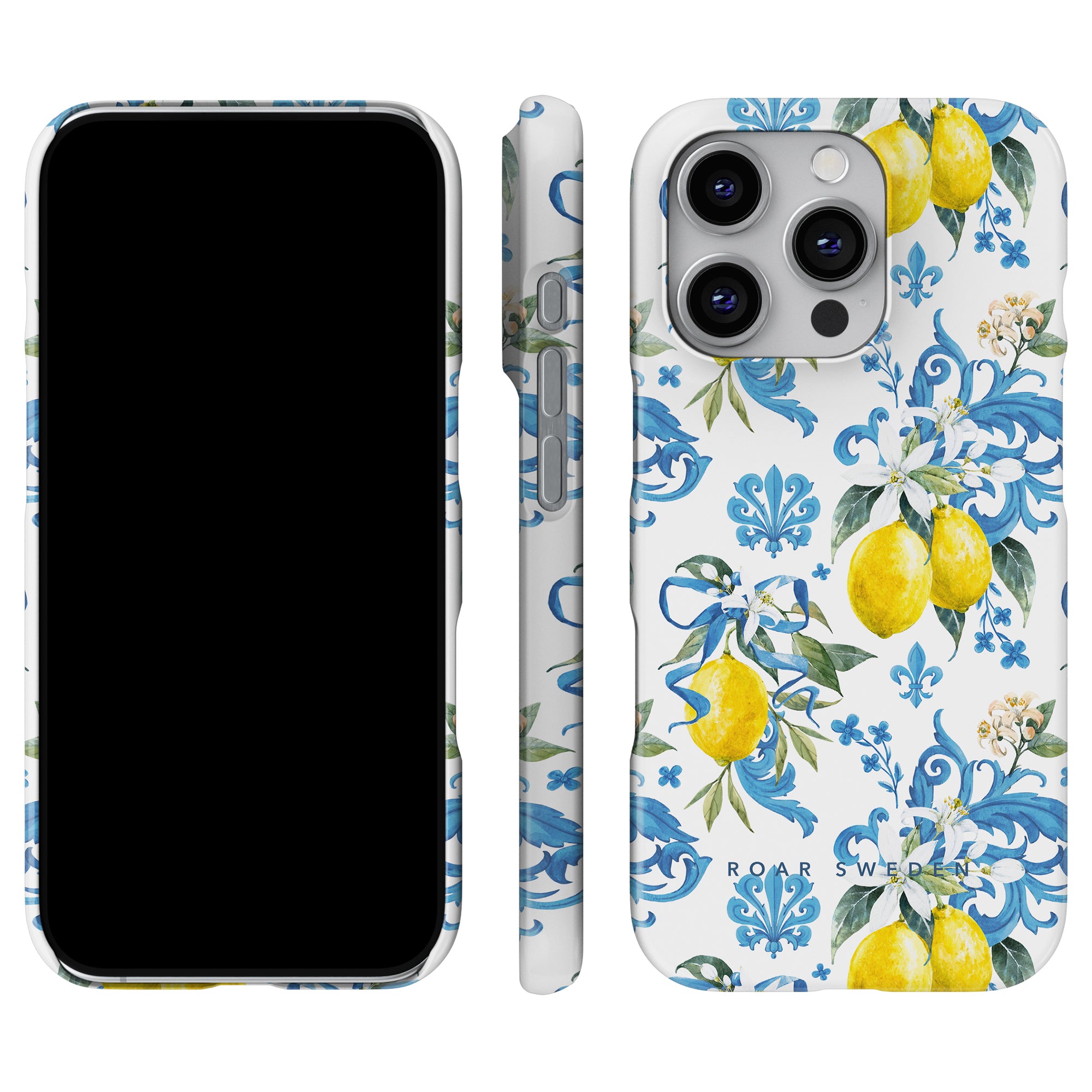 a phone case with lemons and blue flowers