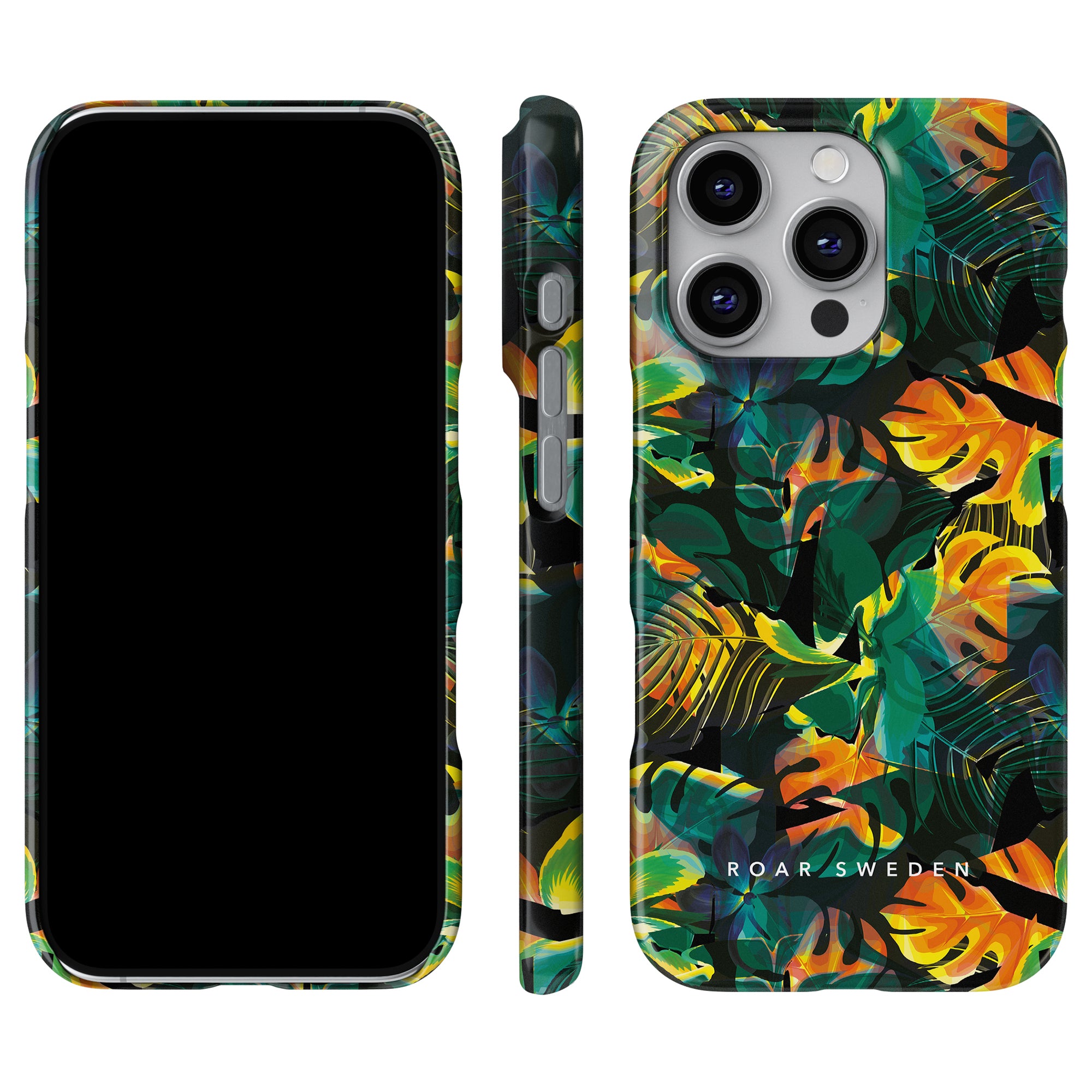 Exotic - Slim case displaying a vibrant jungle pattern in green, yellow, and orange, showcased from both front and back perspectives.