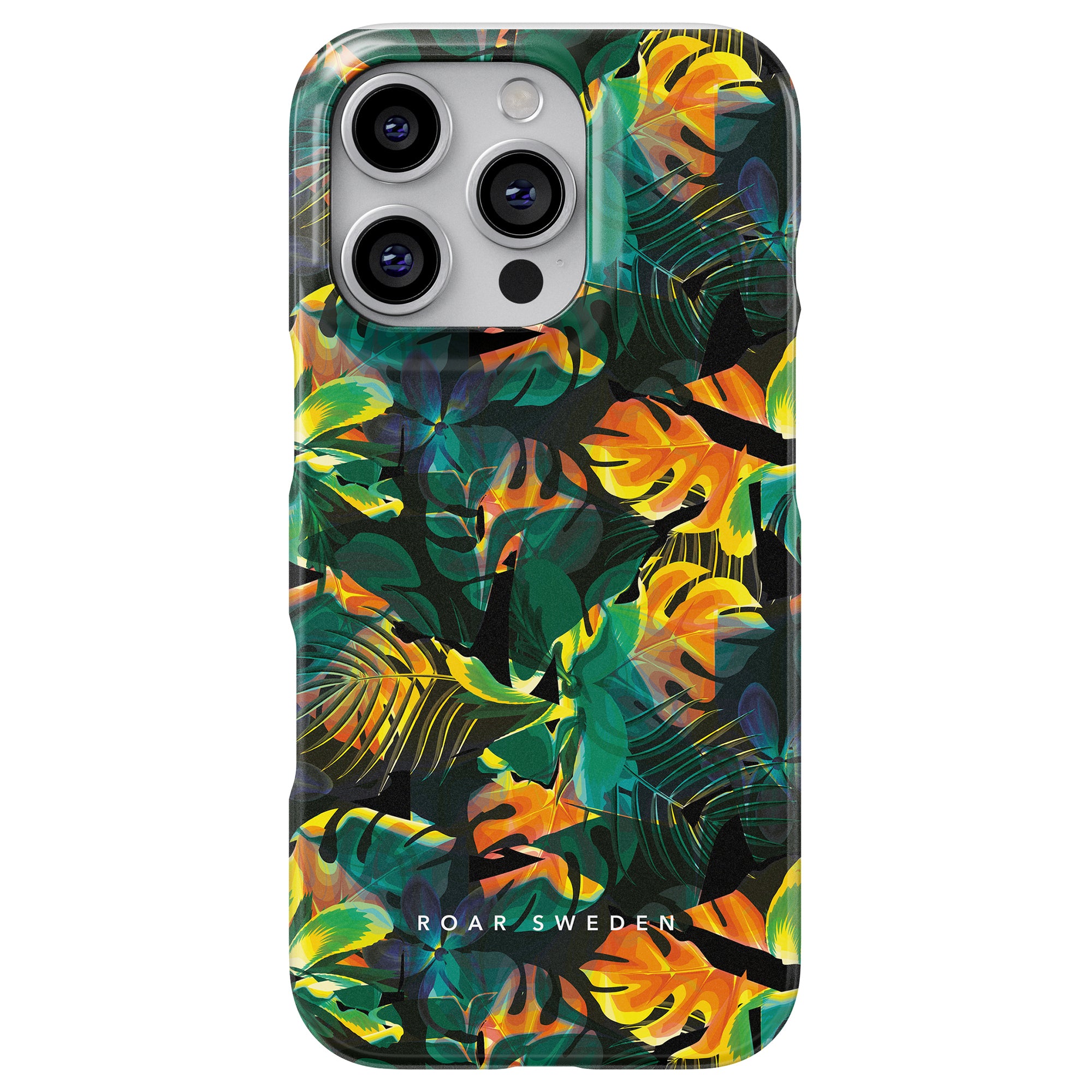 The Exotic - Slim case from "Roar Sweden" features a striking tropical leaf pattern in green, yellow, and orange tones. Made from hållbara material, it accentuates the camera section at the top.