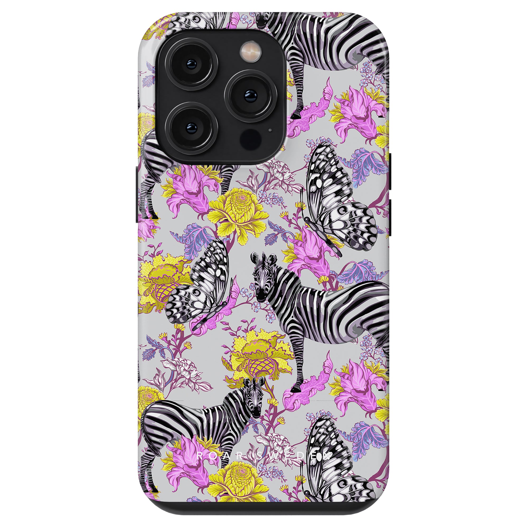 A Tough Case with an Exotic Zebra and butterfly pattern design, featuring camera cutouts.
