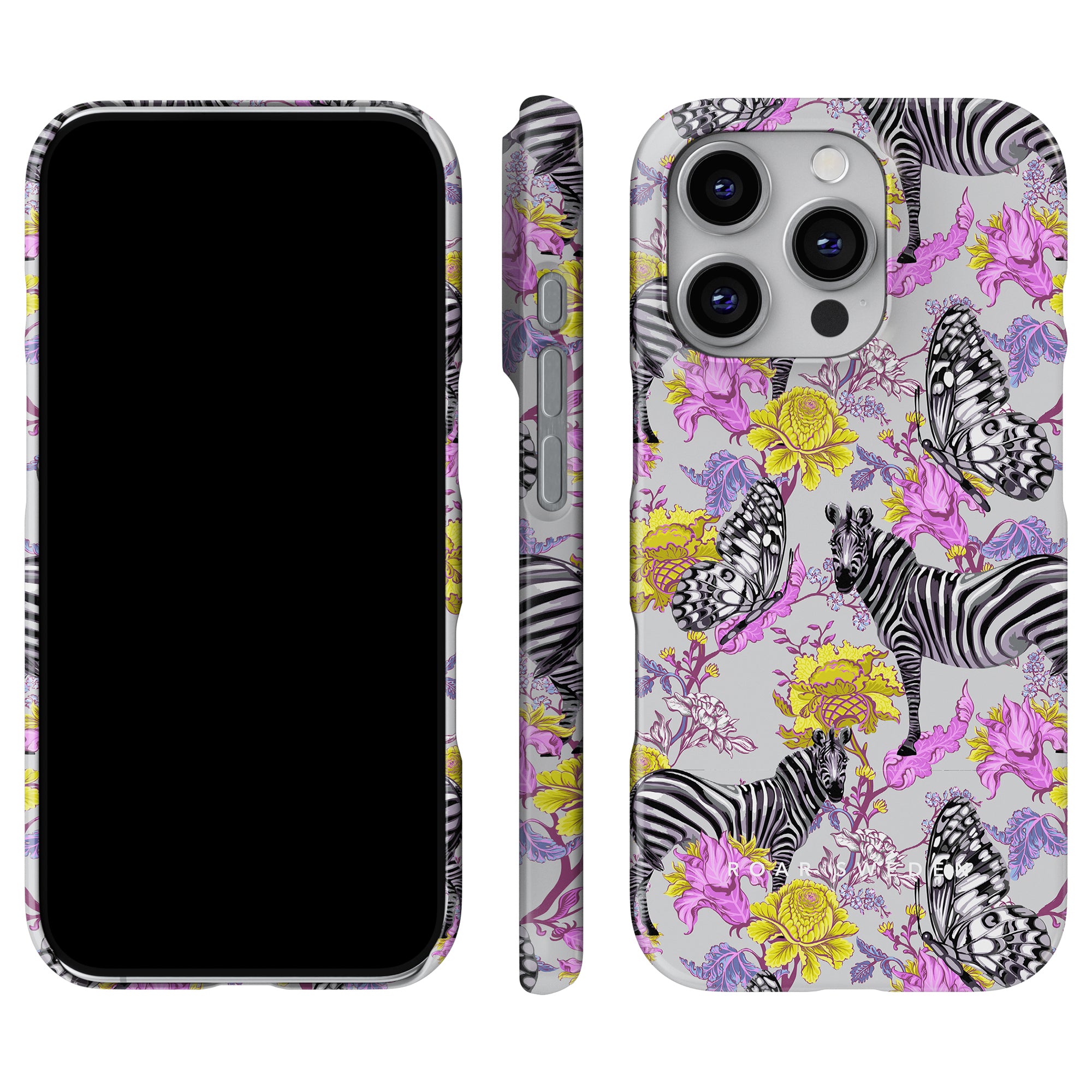 Exotic Zebra - Slim case showcasing a unique zebra and butterfly design in black, white, and pastel colors, displayed on a smartphone from front, side, and back perspectives.