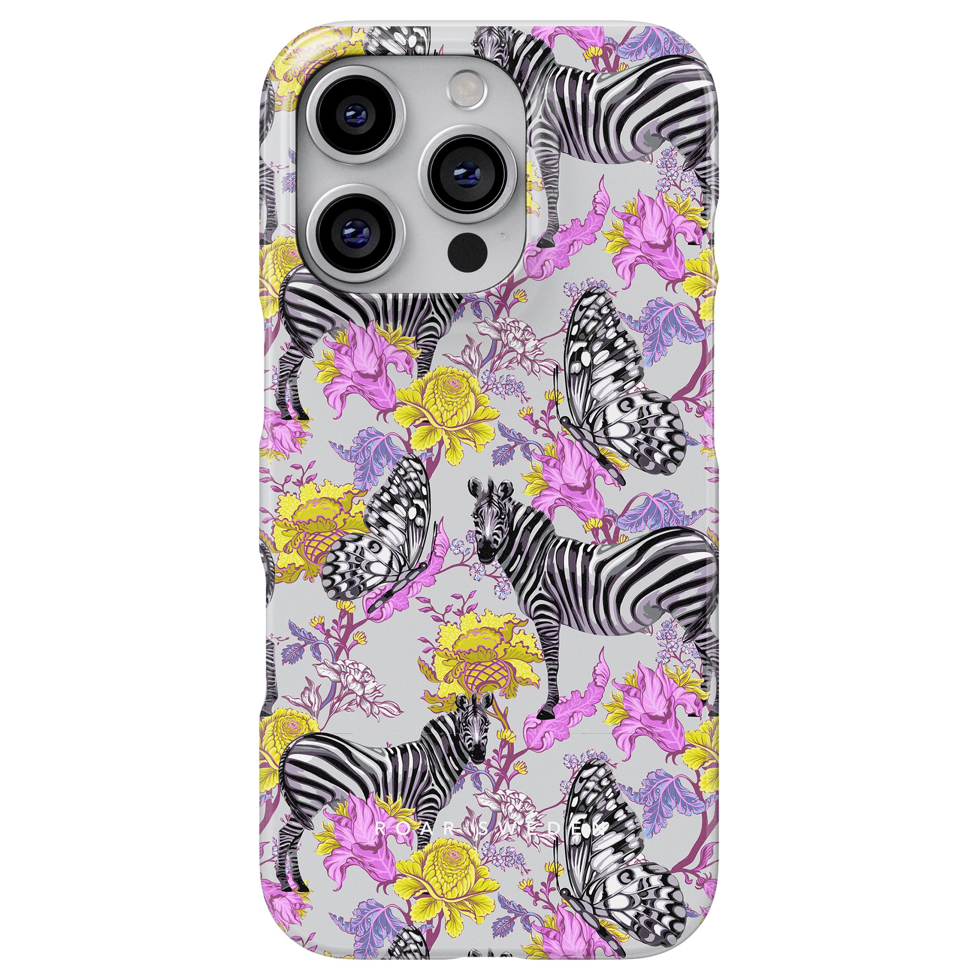 Introducing the Exotic Zebra - Slim case, showcasing a lively zebraillustrationer pattern accented with yellow and purple flowers and butterflies on a pristine white background.