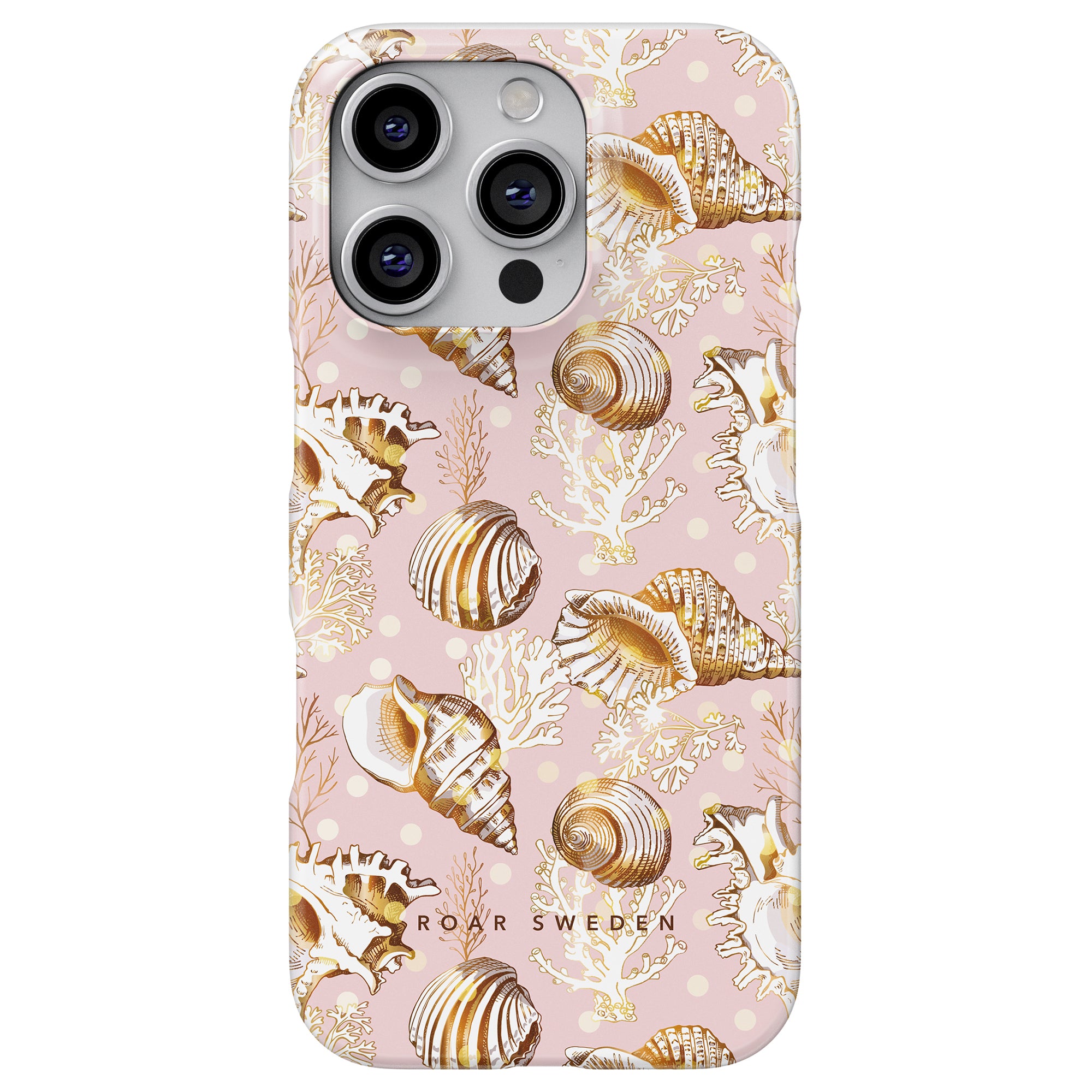 a pink phone case with shells on it