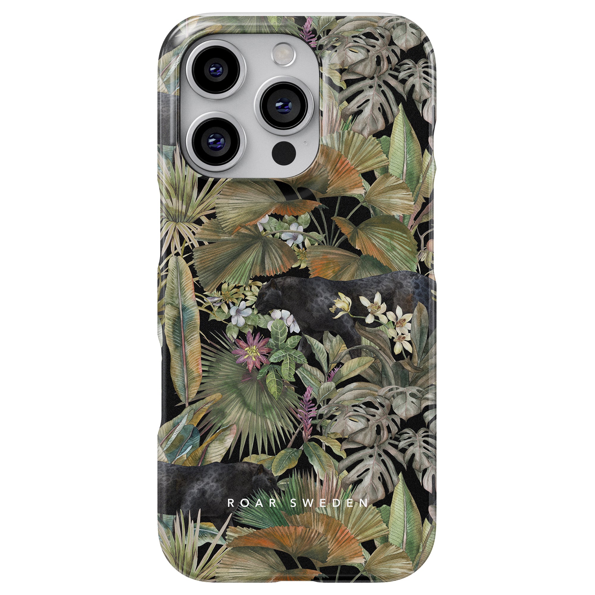 a phone case with an image of a black bear surrounded by tropical leaves