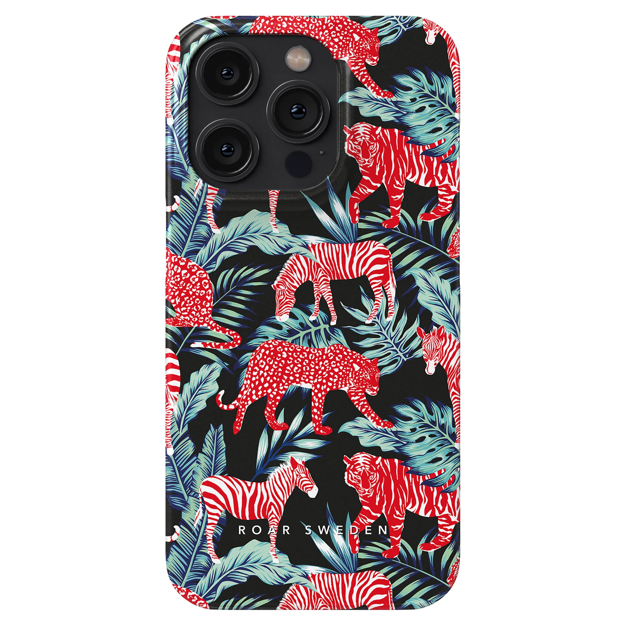 Produktbeskrivning: Förbättra din telefon med Fauna - Slim-fodralet, ett elegant och snyggt svart och rött telefonfodral prydd med häftiga tigrar.