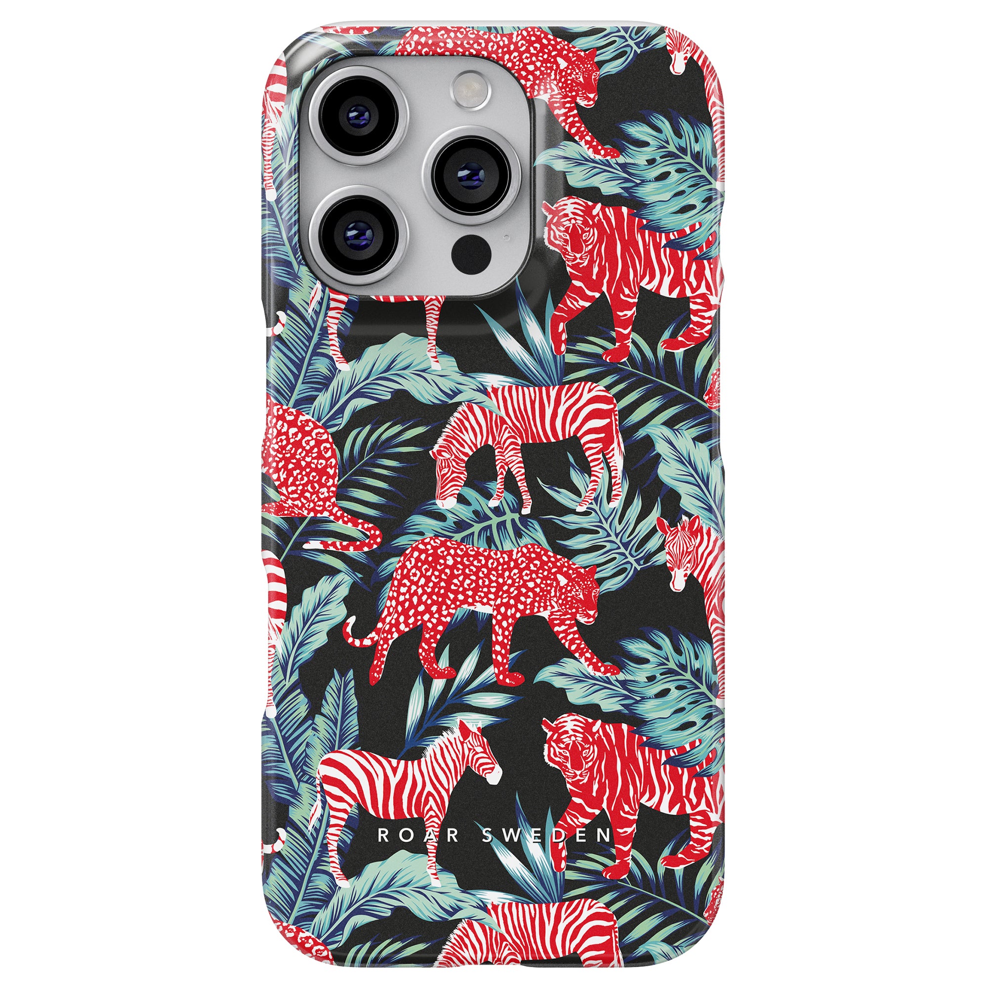 The Fauna - Slim Case, made from högkvalitativa materials, features a striking red and white animal pattern showcasing tigers, zebras, and leopards beautifully set among green leaves.