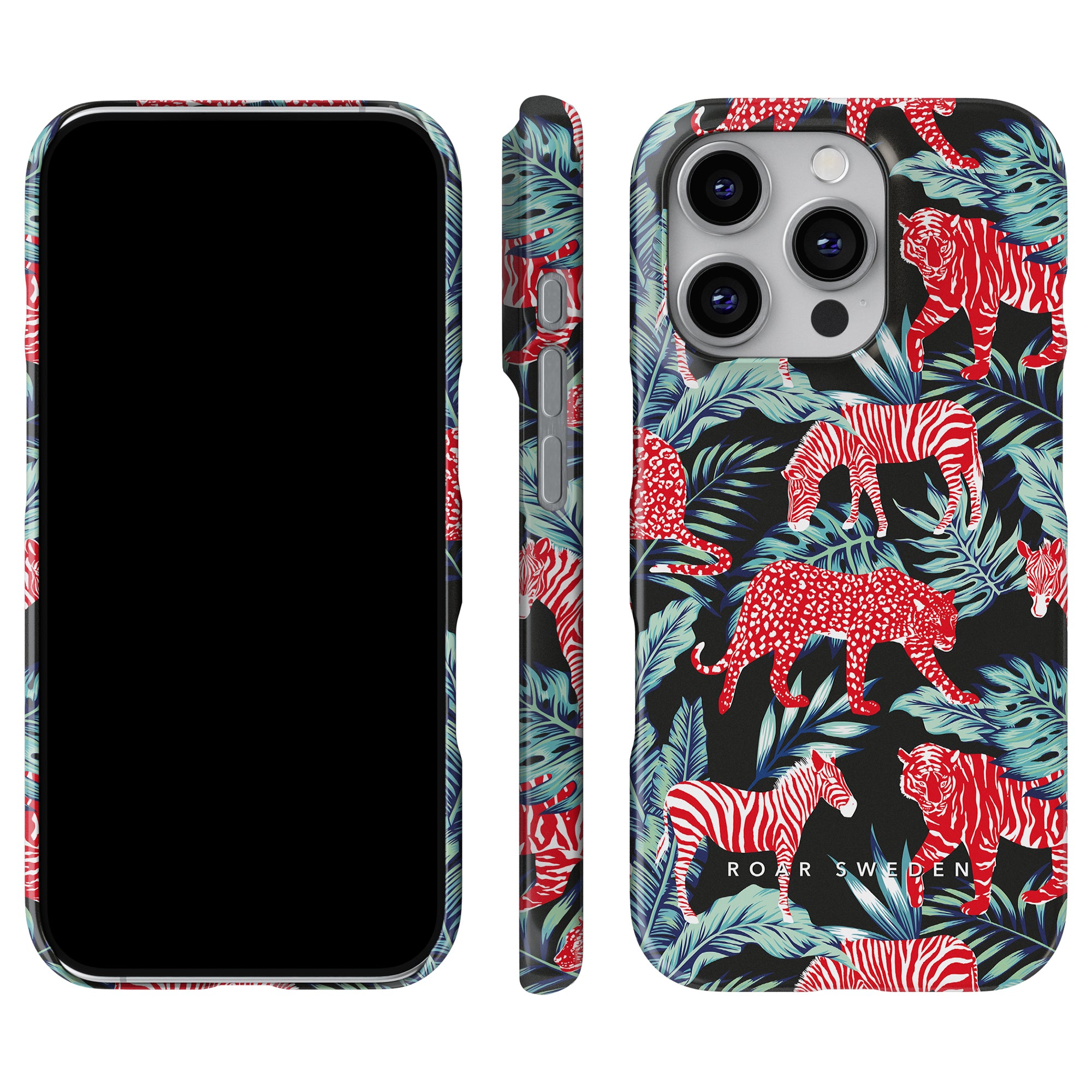 The Fauna slim case showcases a lively djungel design with striking red and white tigers set amidst blue tropical leaves on a dark backdrop.