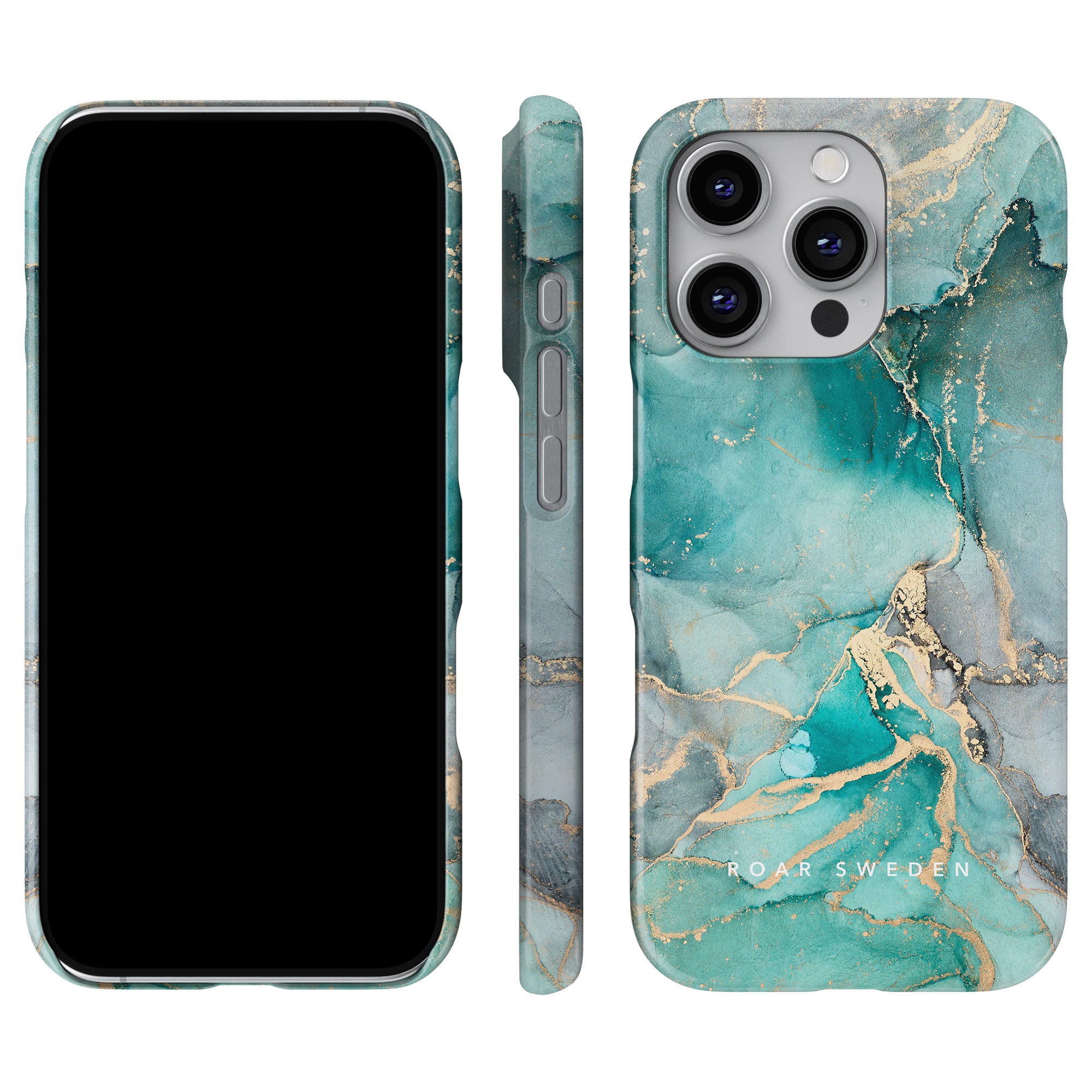 The Ferozah - Slim case offers a sustainable protection with its breathtaking teal and gold marble pattern, elegantly displayed from all angles: front, side, and back.