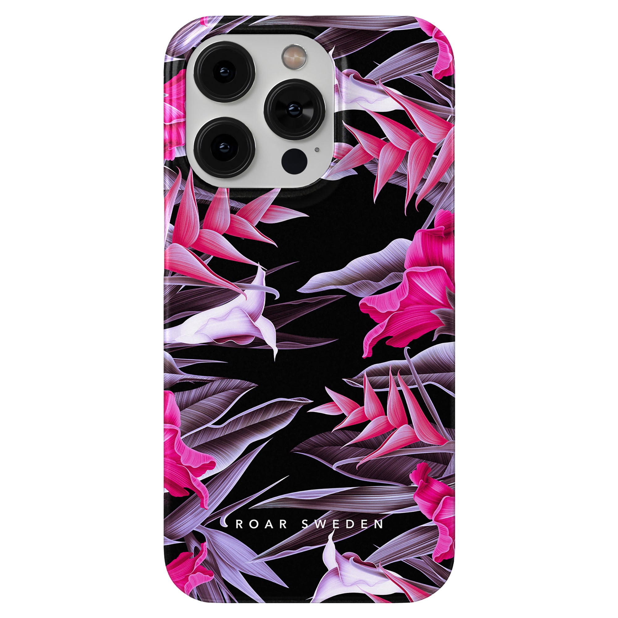 A Firebird - Tunt fodral med en botanisk sensation, med rosa blommor på en svart bakgrund.