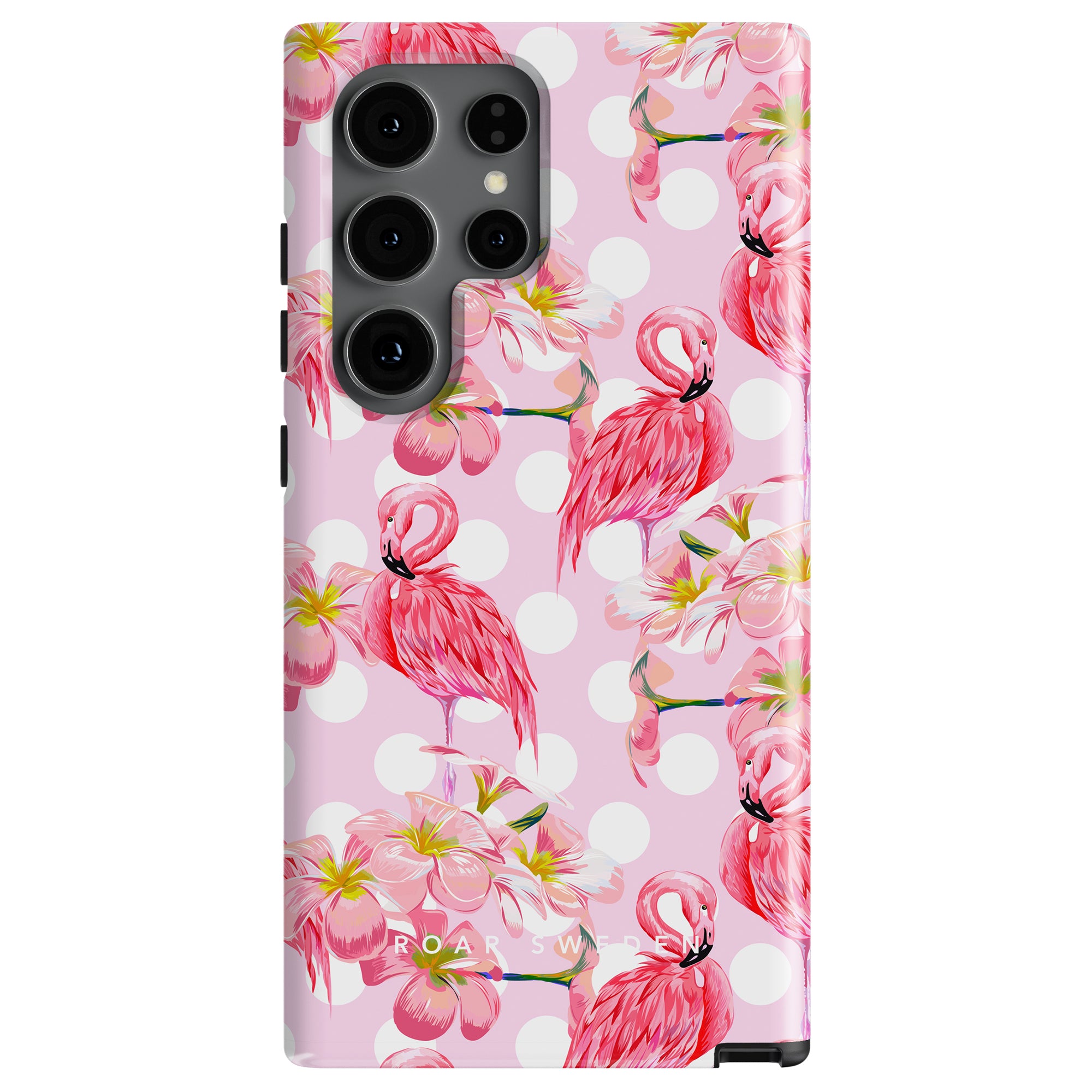 Introducing the Perry - Tough case: a phone case featuring a pattern of pink flamingos, tropical fruits, and flowers on a light rosa pastell background with white polka dots.