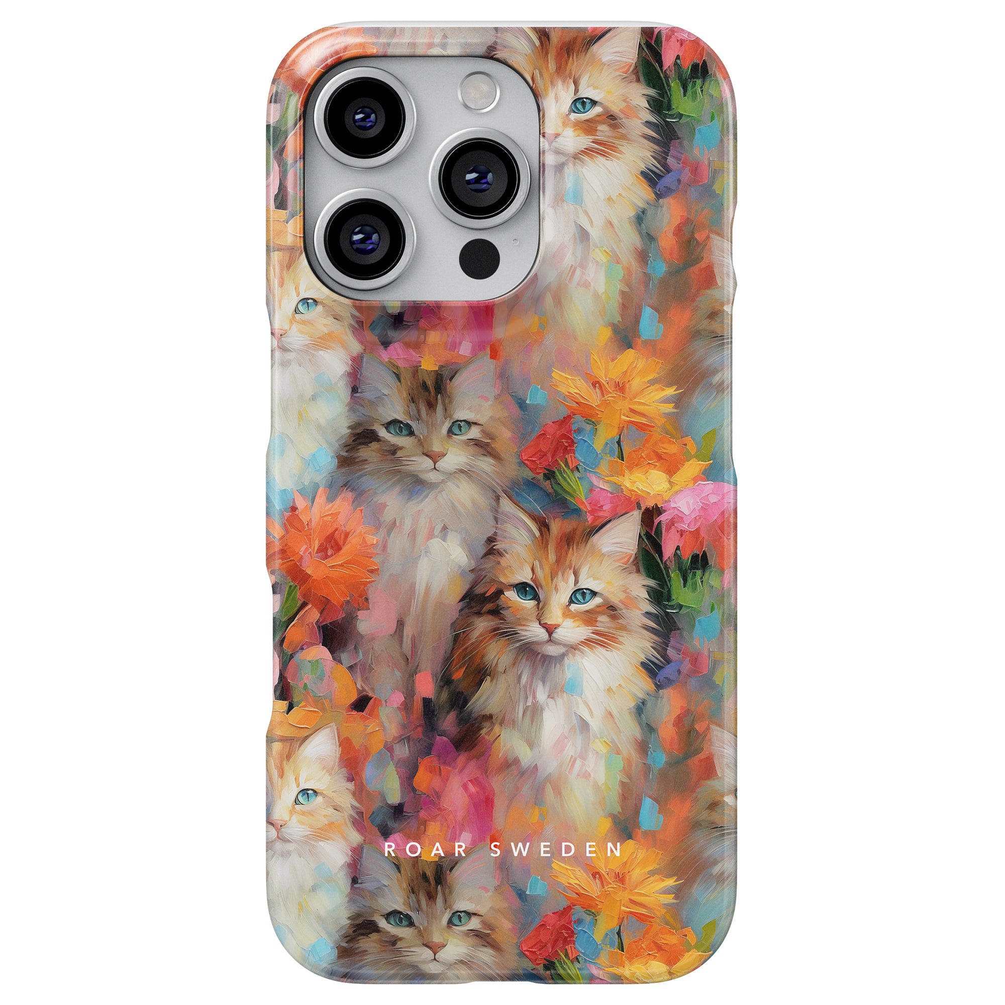 The Flower Kitty - Slim case features colorful illustrations of cats and flowers set against a vibrant multicolored background, adding charm and protection to your device.