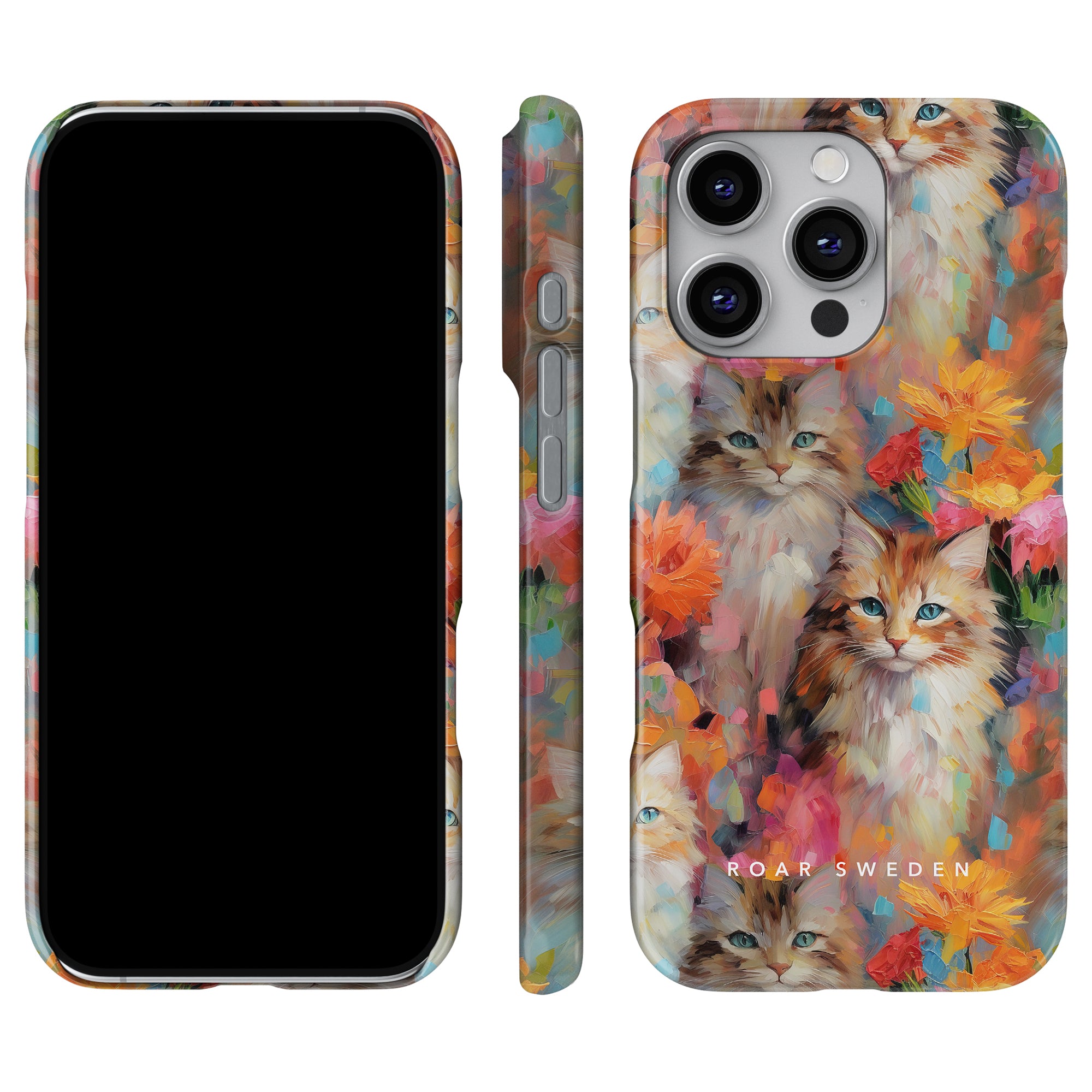 The Flower Kitty - Slim case features a lively illustration of cats and flowers, beautifully presented from the front, side, and back. Enjoy a blend of style and protection with this sleek case design.