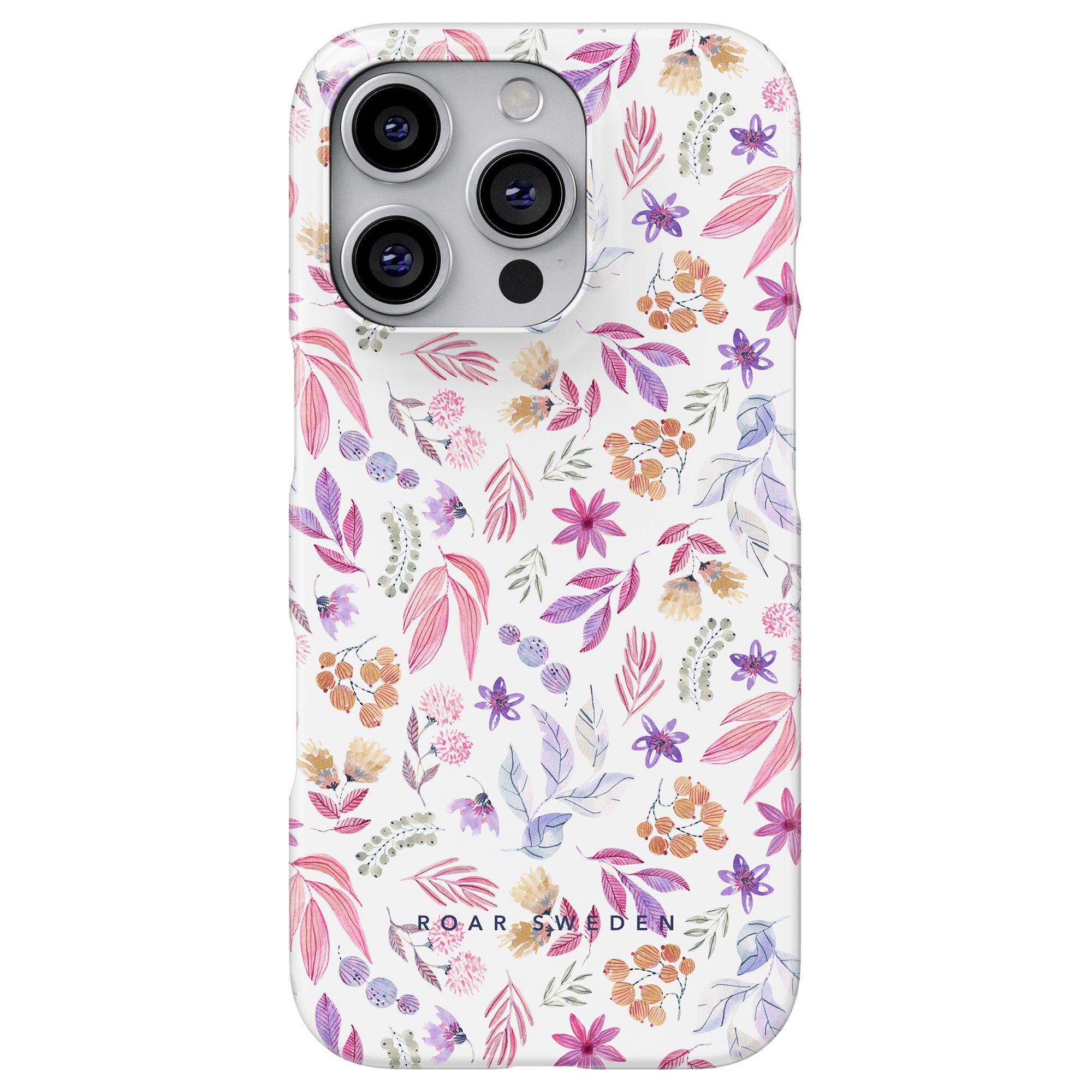 A smartphone equipped with a "Flower Power - Slim Case" from the Floral Collection, boasting a lively pattern of pink, purple, and orange flowers and leaves, with "ROAR SWEDEN" displayed at the bottom.