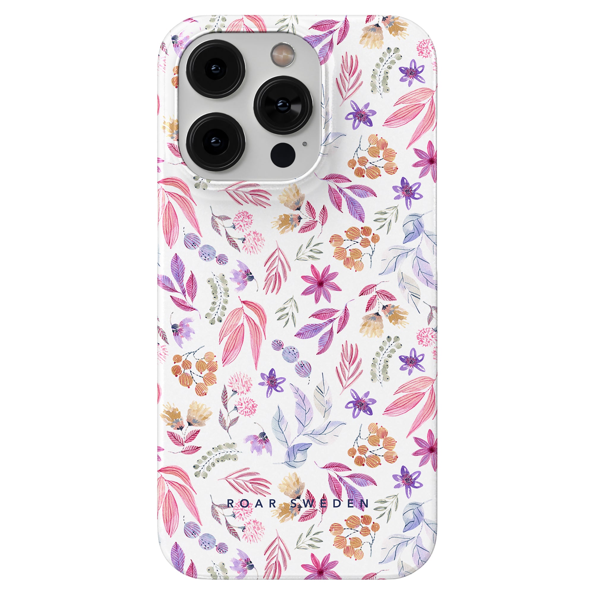 A smartphone with a floral-patterned mobilskal featuring pink, purple, and orange flowers. This Flower Power - Slim case from the Floral Collection proudly displays "ROAR SWEDEN" at the bottom.