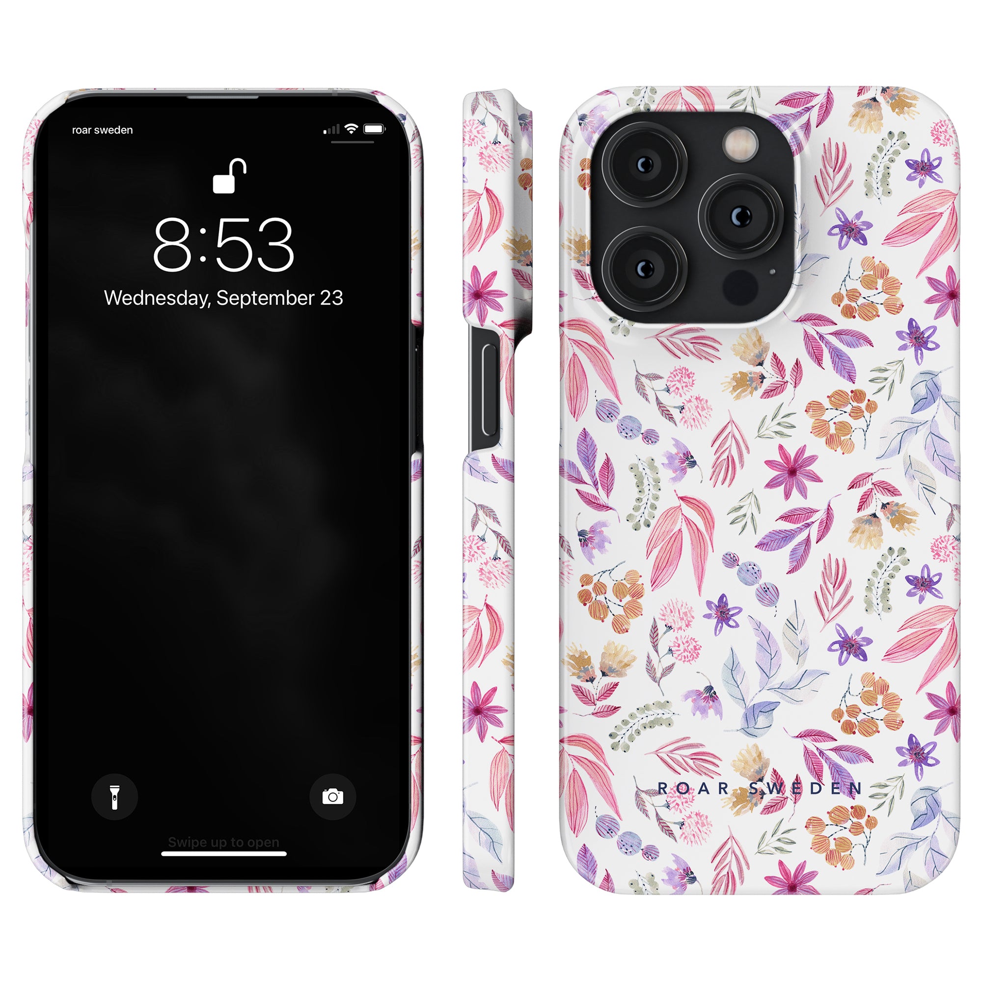 A smartphone with a Flower Power - Slim case is shown from the front, side, and back. The lock screen displays the time as 8:53 and the date as Wednesday, September 23.