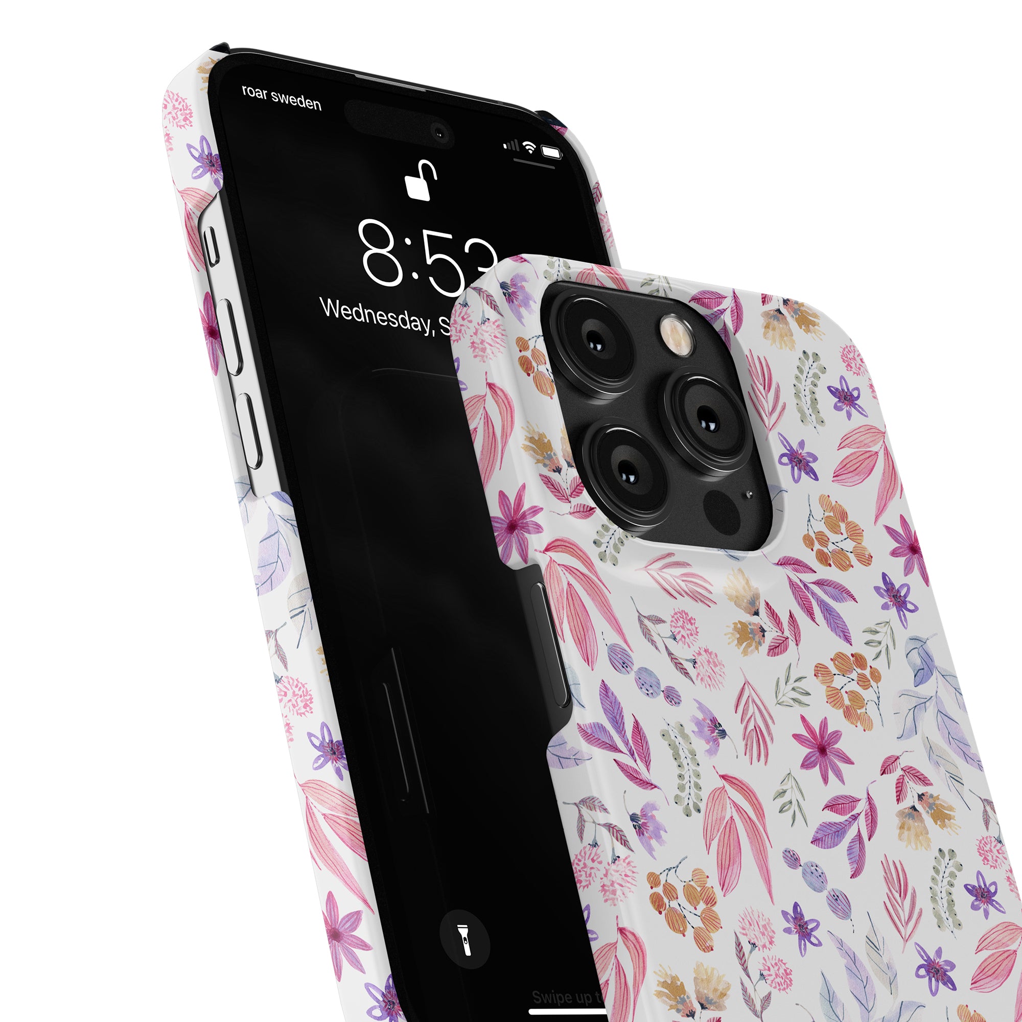 A smartphone with a Flower Power - Slim case, showing the lock screen with the date and time as 8:53. The lock screen also displays a notification and battery level indicator.