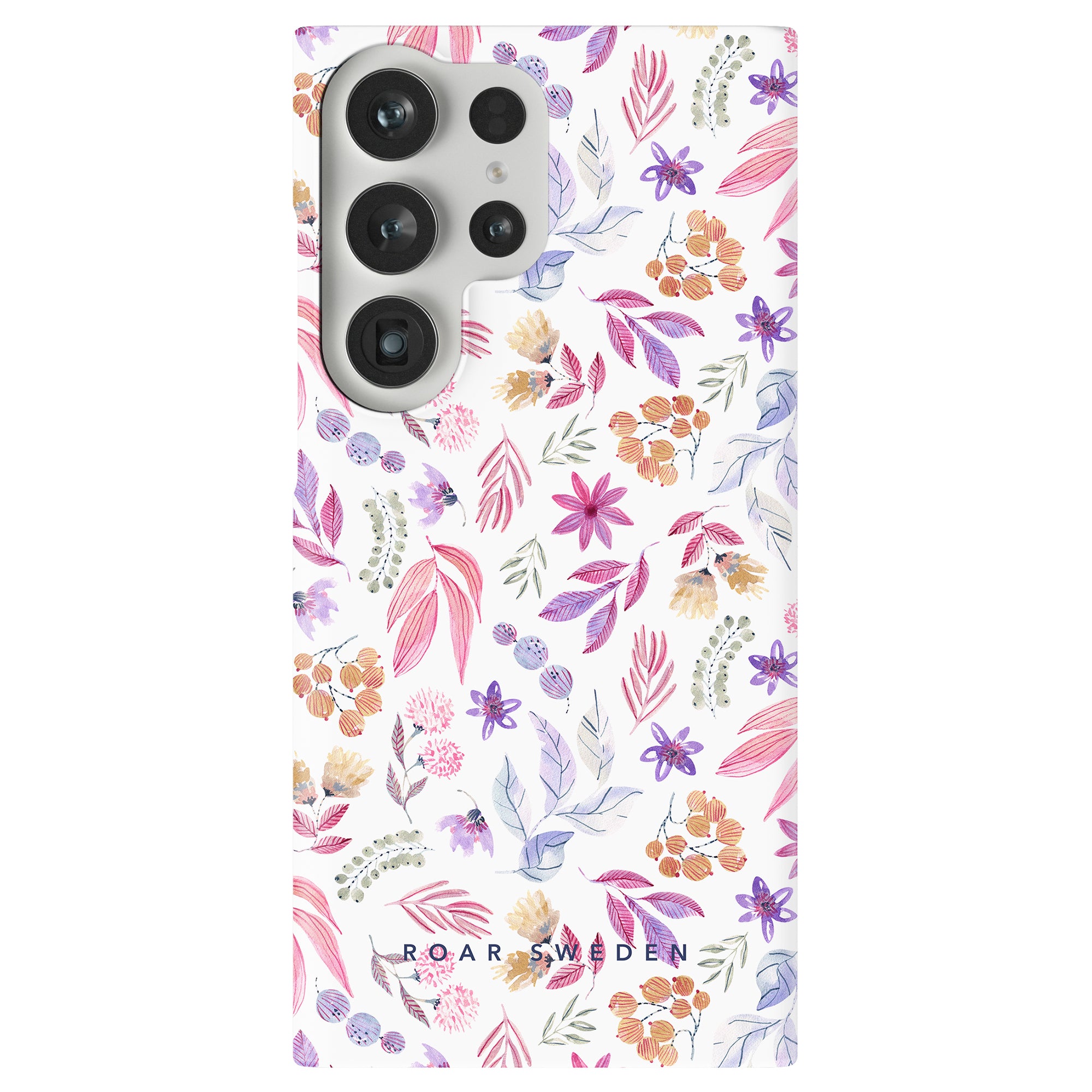 A smartphone with a floral-patterned case, part of the Flower Power - Slim case, featuring purple, pink, and orange flowers. The brand "Roar Sweden" is printed at the bottom. The phone has a large rear camera module.
