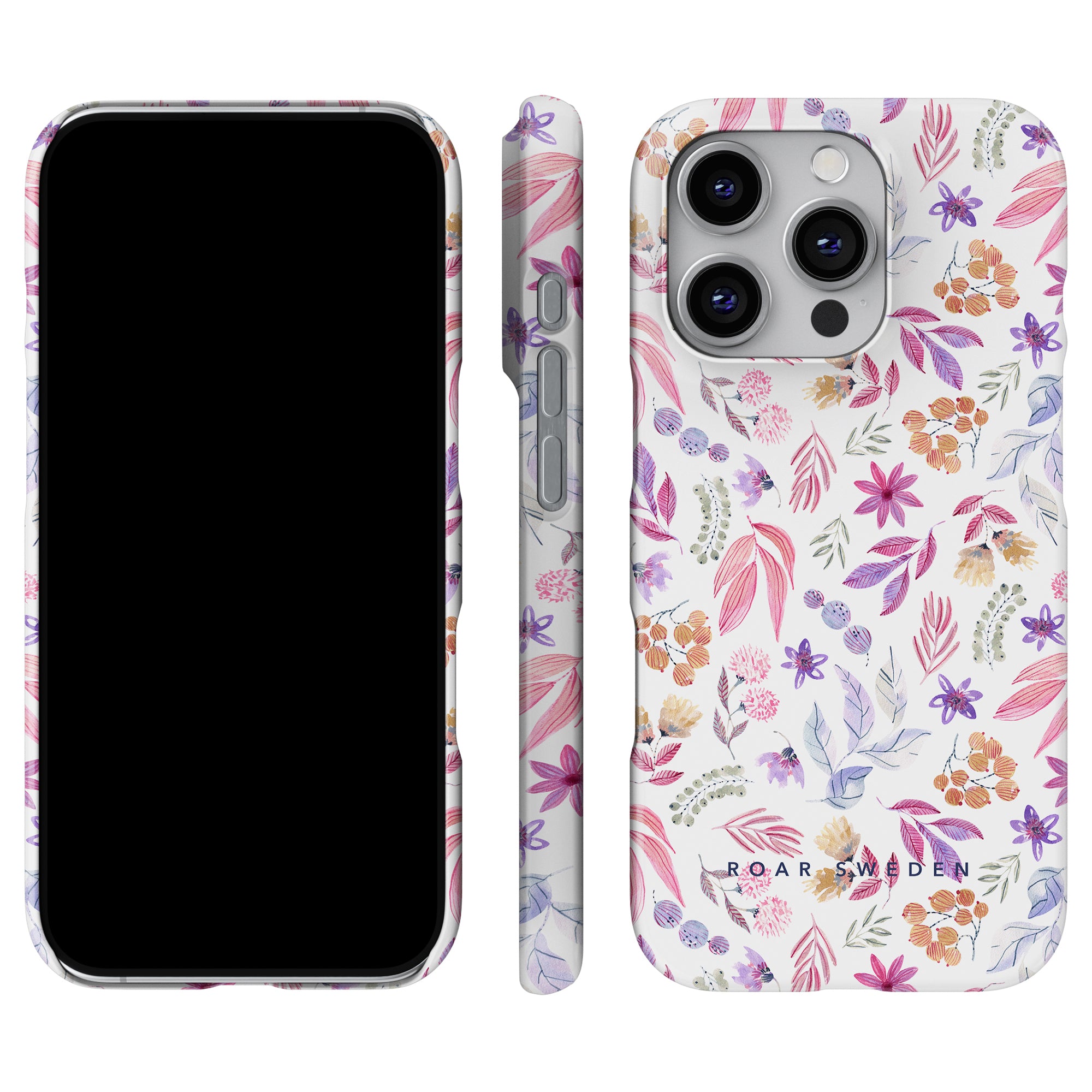 Introducing the Flower Power - Slim case from the Floral Collection, designed to highlight your smartphone with a beautiful Flower Power design, providing front, side, and back views.