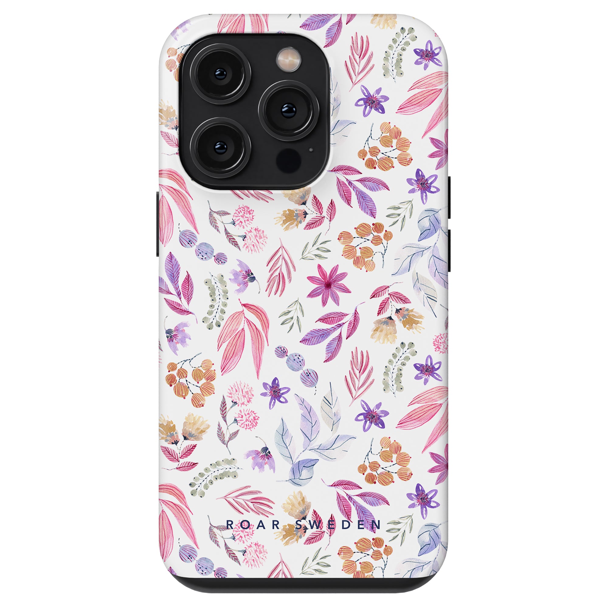 A smartphone with a case displaying a colorful floral pattern featuring pink, purple, and orange flowers, branded "Roar Sweden" at the bottom. Part of the Floral Collection, this Flower Power - Tough Case offers maximalt skydd for your device.