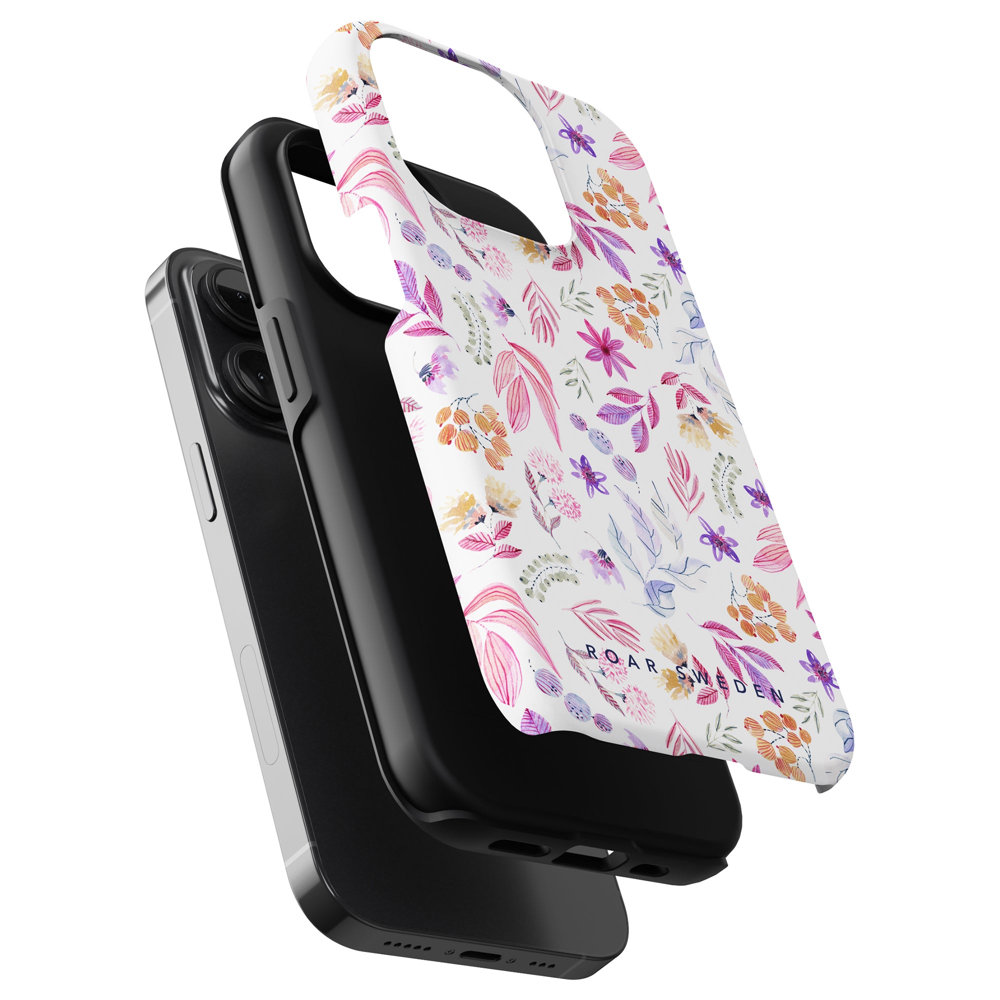An exploded view of a smartphone and its two cases: one black and one Flower Power - Tough Case featuring a charming pattern, perfect for those who seek both style and maximal skydd.