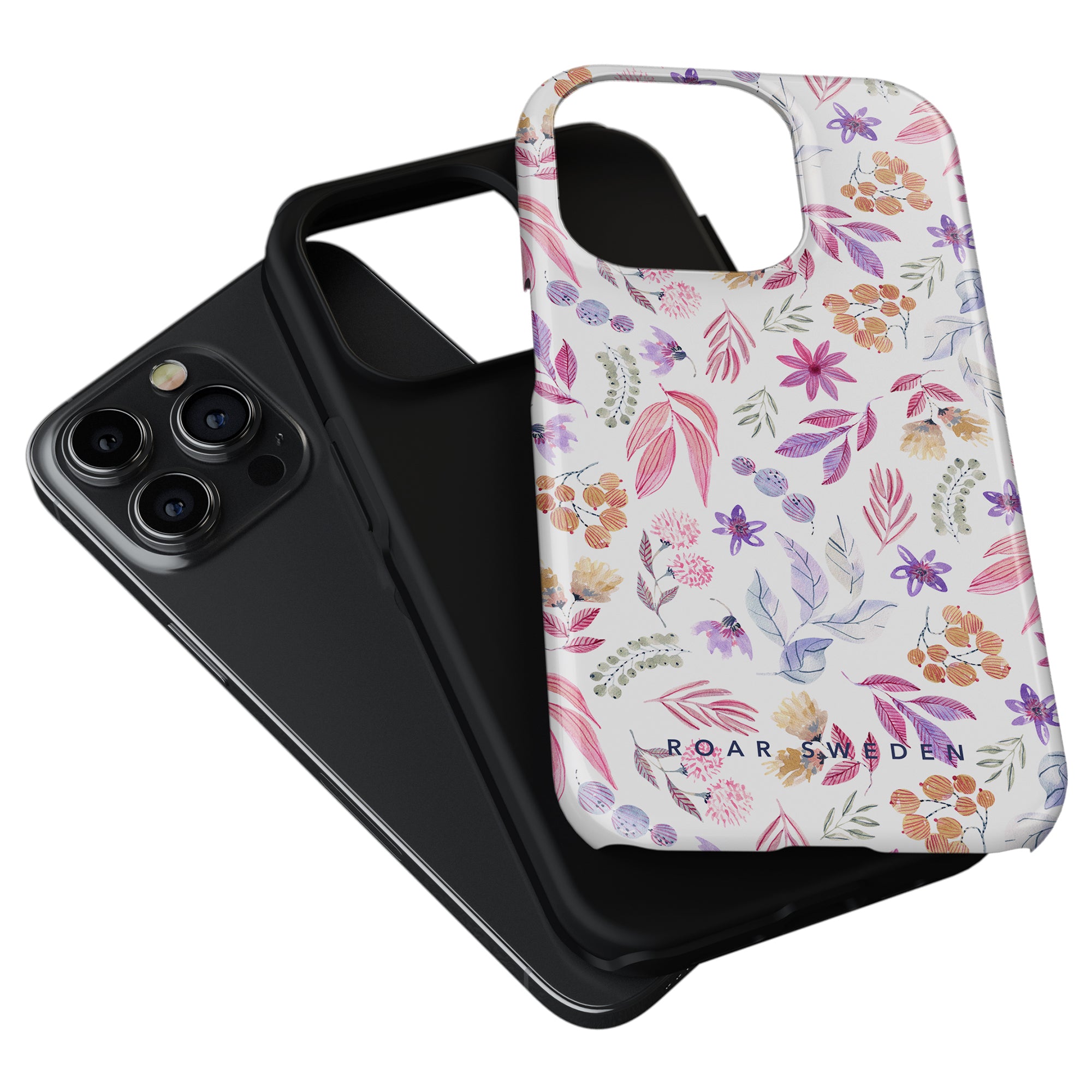 Two smartphone cases are shown: one black and one from the Floral Collection with a vibrant design. The floral case features the text "ROAR SWEDEN" at the bottom. Both cases, including the Flower Power - Tough Case, offer maximalt skydd for phones with triple rear cameras.