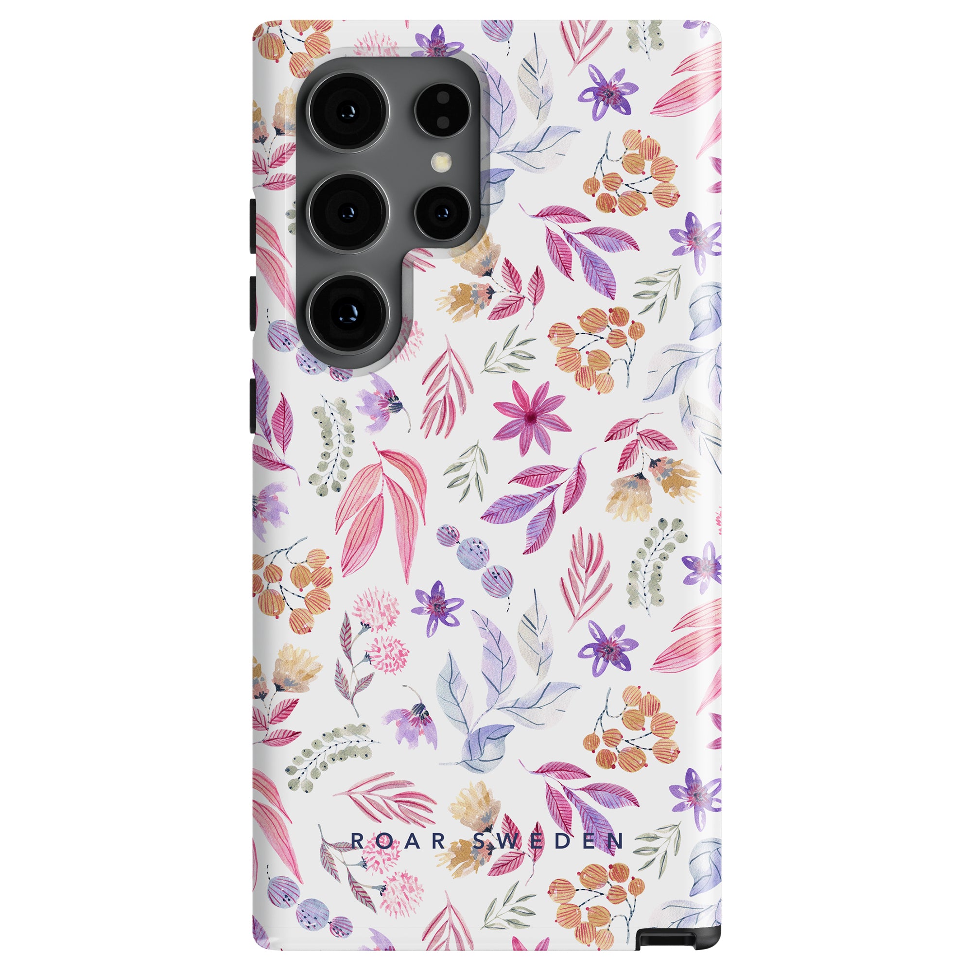 A smartphone with a floral patterned case featuring various colorful flowers and leaves. The bottom of the case is inscribed with "ROAR SWEDEN." Part of the Floral Collection, this Flower Power - Tough Case offers maximal skydd for your device.