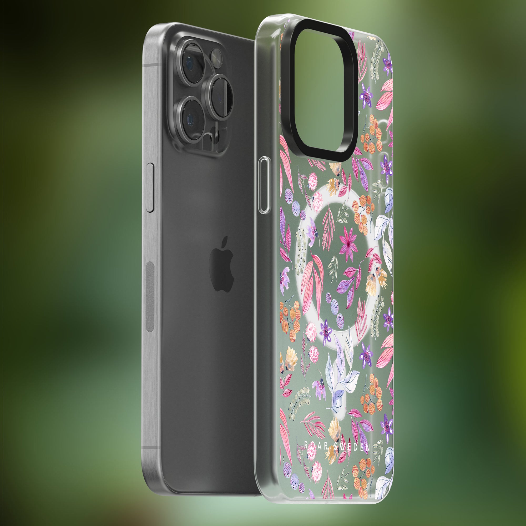A smartphone with a black and grey color scheme is shown beside a Flower Power - MagSafe featuring a vibrant, floral design.