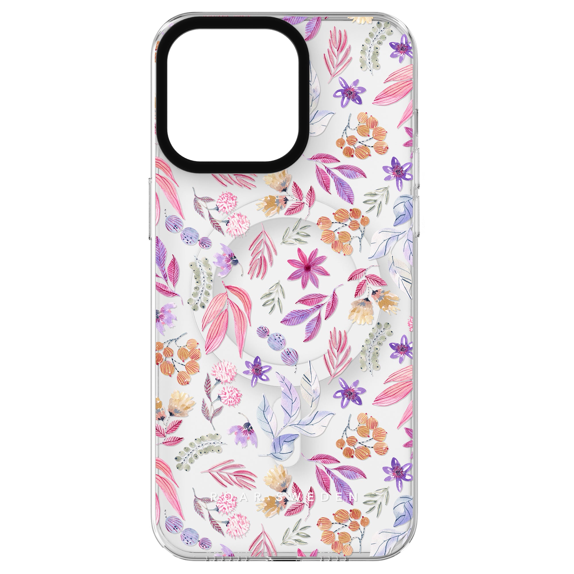 A smartphone case from the Flower Power - MagSafe, featuring a transparent background with a colorful floral pattern of pink, purple, and orange flowers and leaves.
