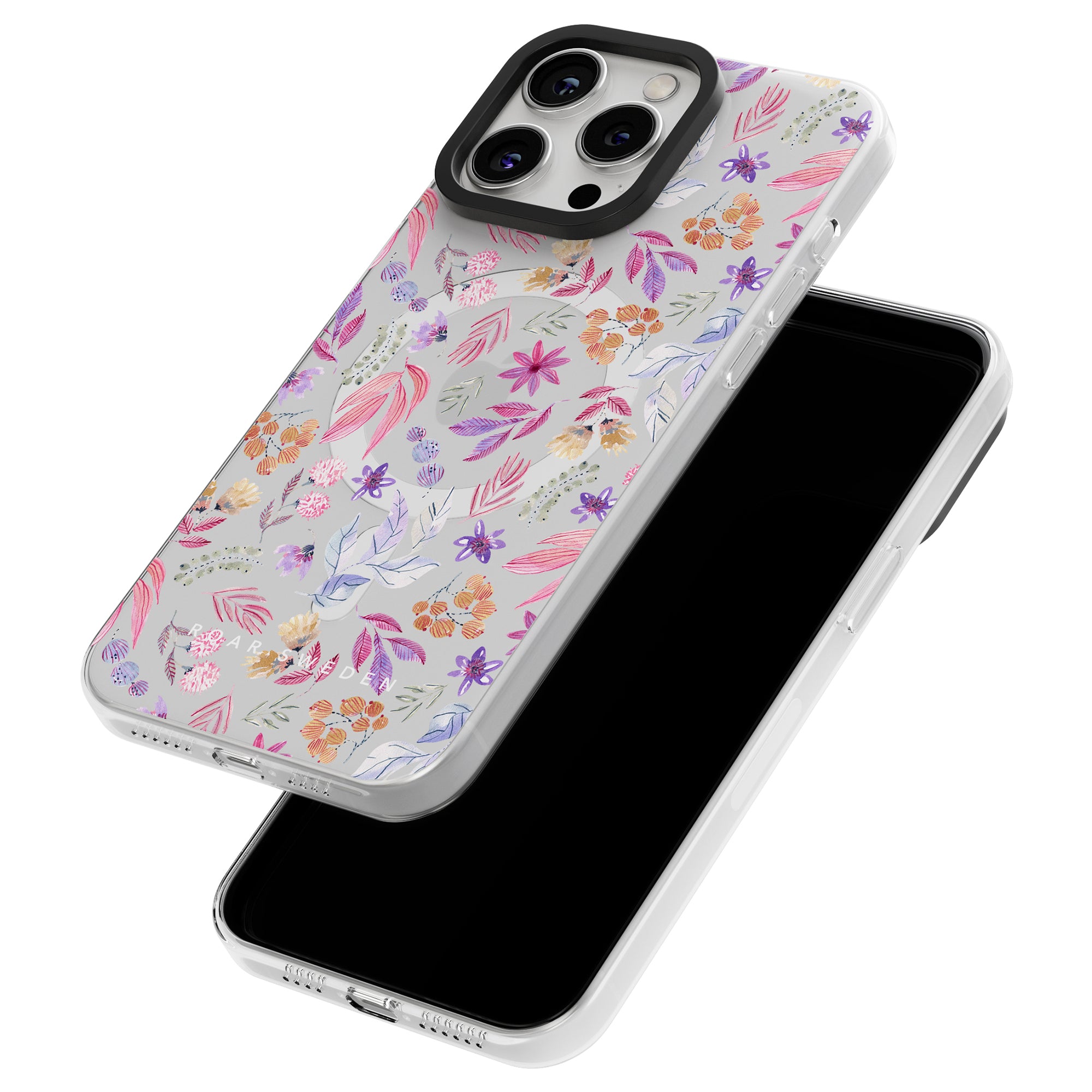 Two smartphones displayed, one with a black screen and the other showcasing a vibrant Flower Power - MagSafe design from our Floral Collection, highlighting the camera lenses and side buttons.