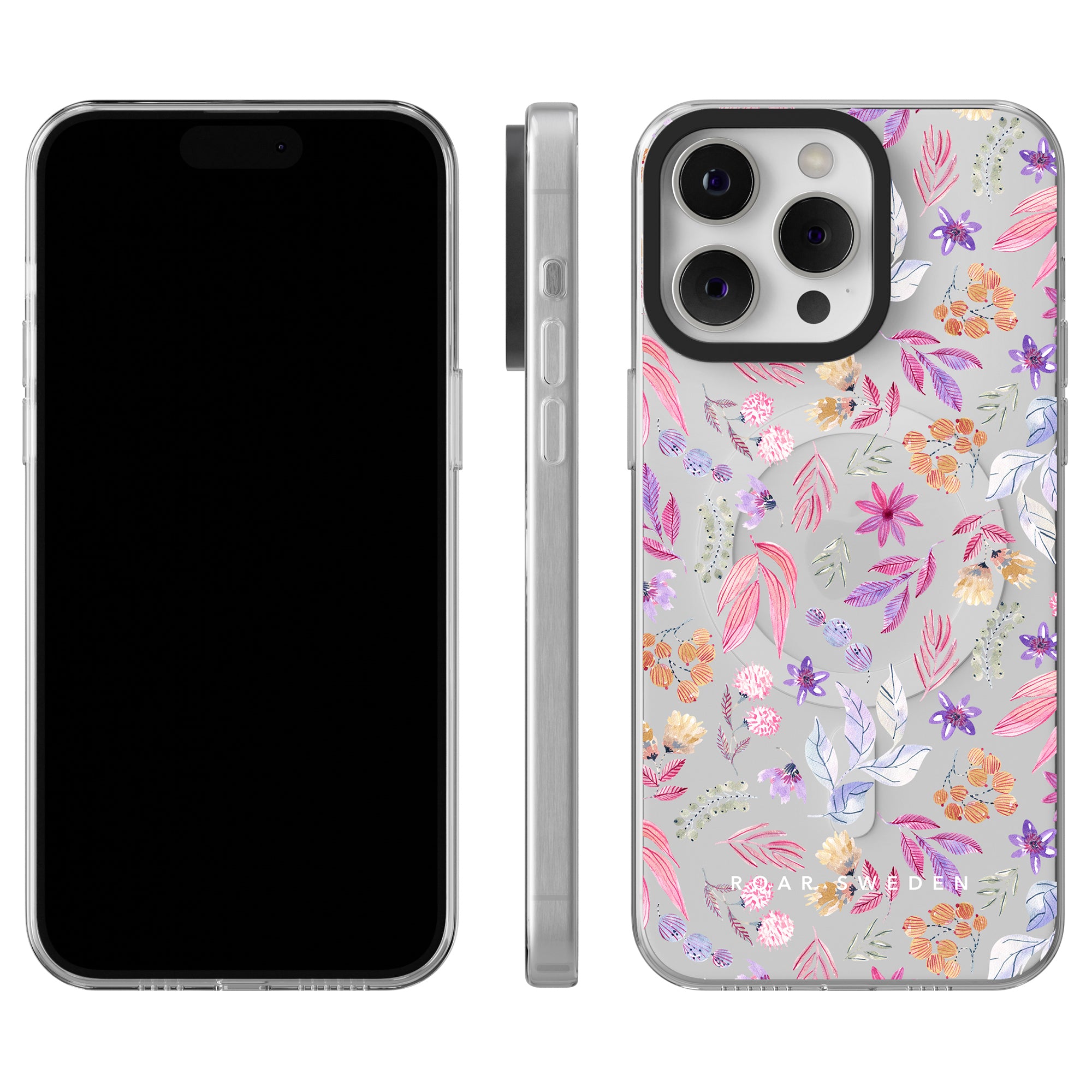 Two smartphones: one with a blank screen, and the other showcasing the vibrant Flower Power - MagSafe from our Floral Collection.