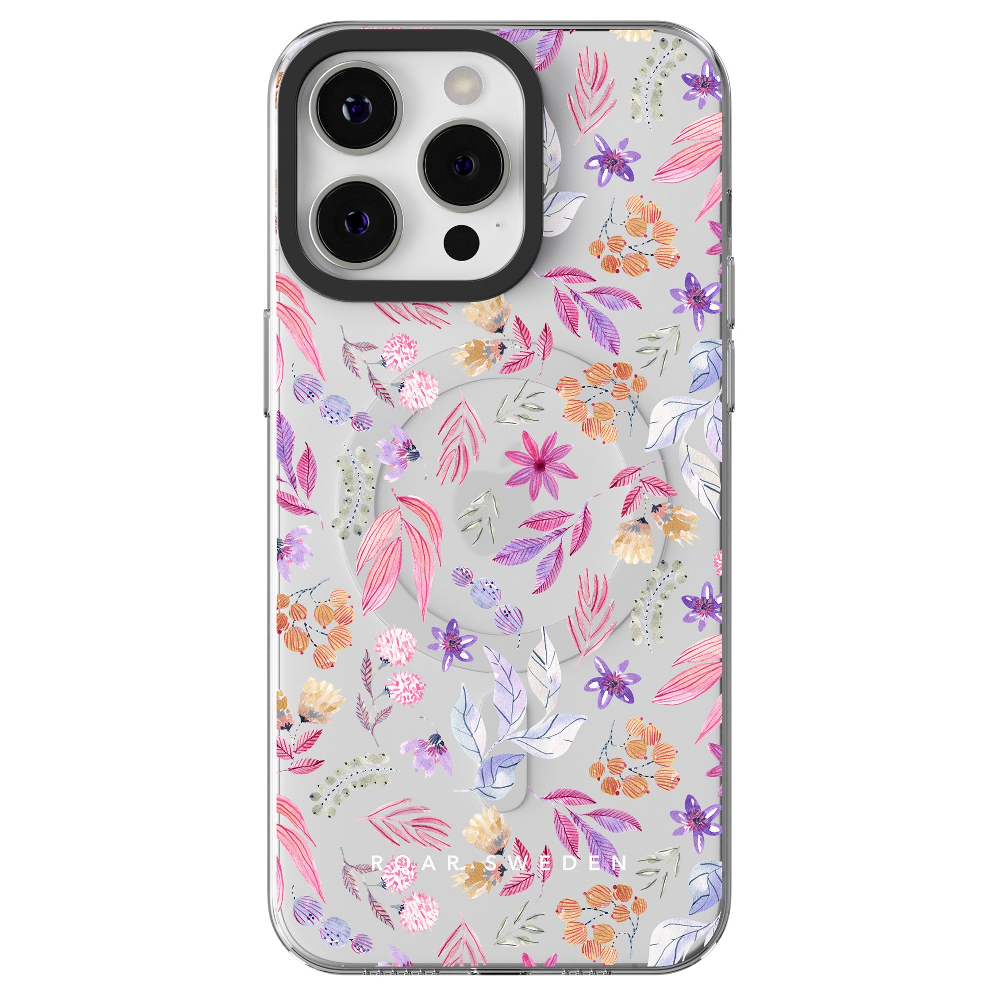 A smartphone with a Flower Power - MagSafe case featuring pink, purple, and orange flowers on a white background.