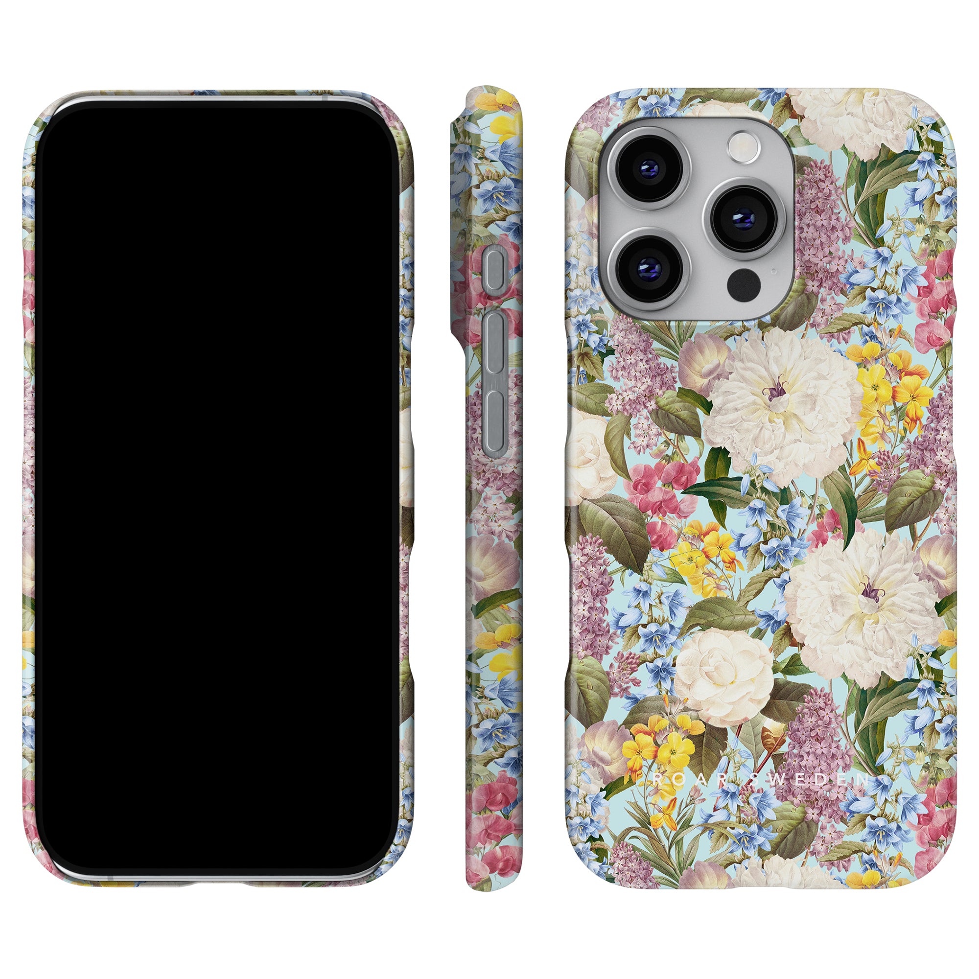 The Fragrant Paradise - Slim case, a blooming haven, showcases front, side, and back views adorned with intricate peonies, hydrangeas, and other flowers in white, pink, and blue.