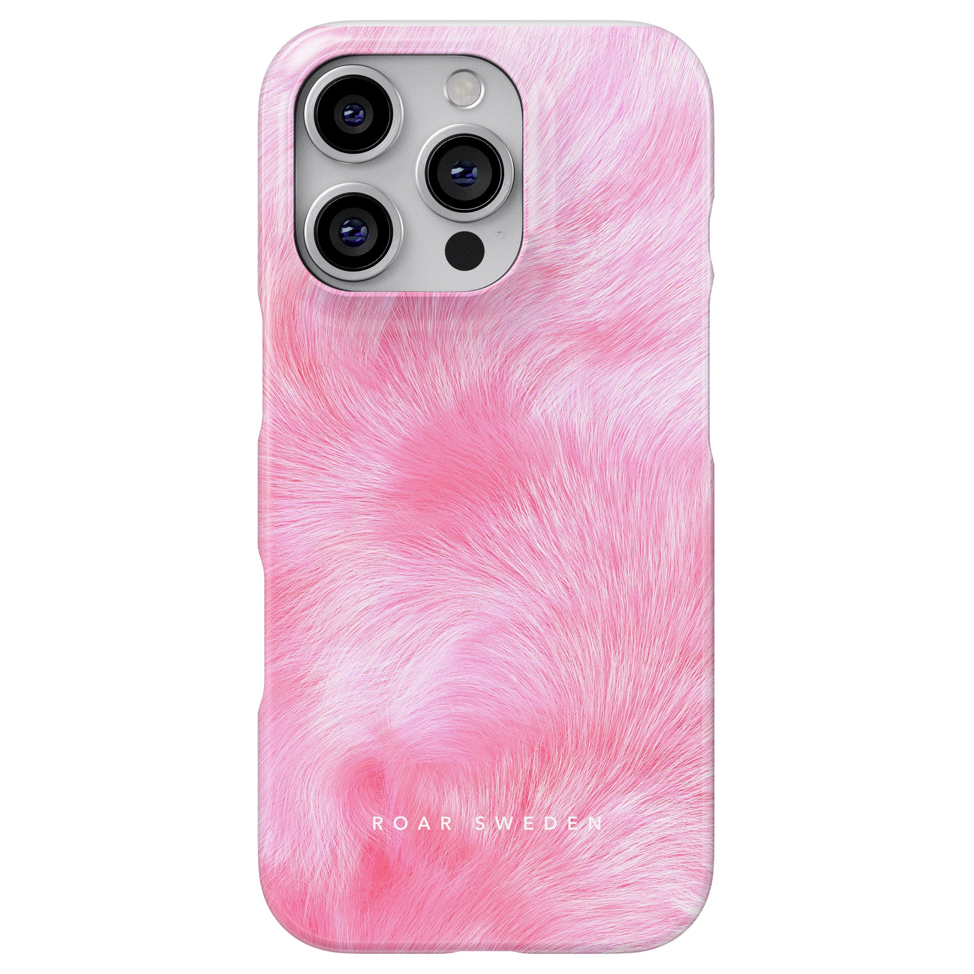 A smartphone equipped with the Furry - Slim case, featuring a pink, fuzzy-textured finish and three camera lenses, providing both style and hållbarhet.