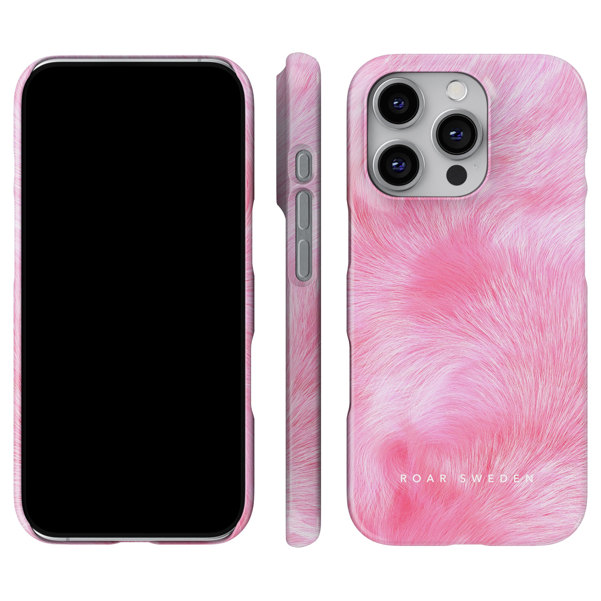 The Furry - Slim Case, featuring its distinctive rosa päls-tryck design, is displayed with views from the front, side, and back. Experience not only style but also protection and durability for your phone.