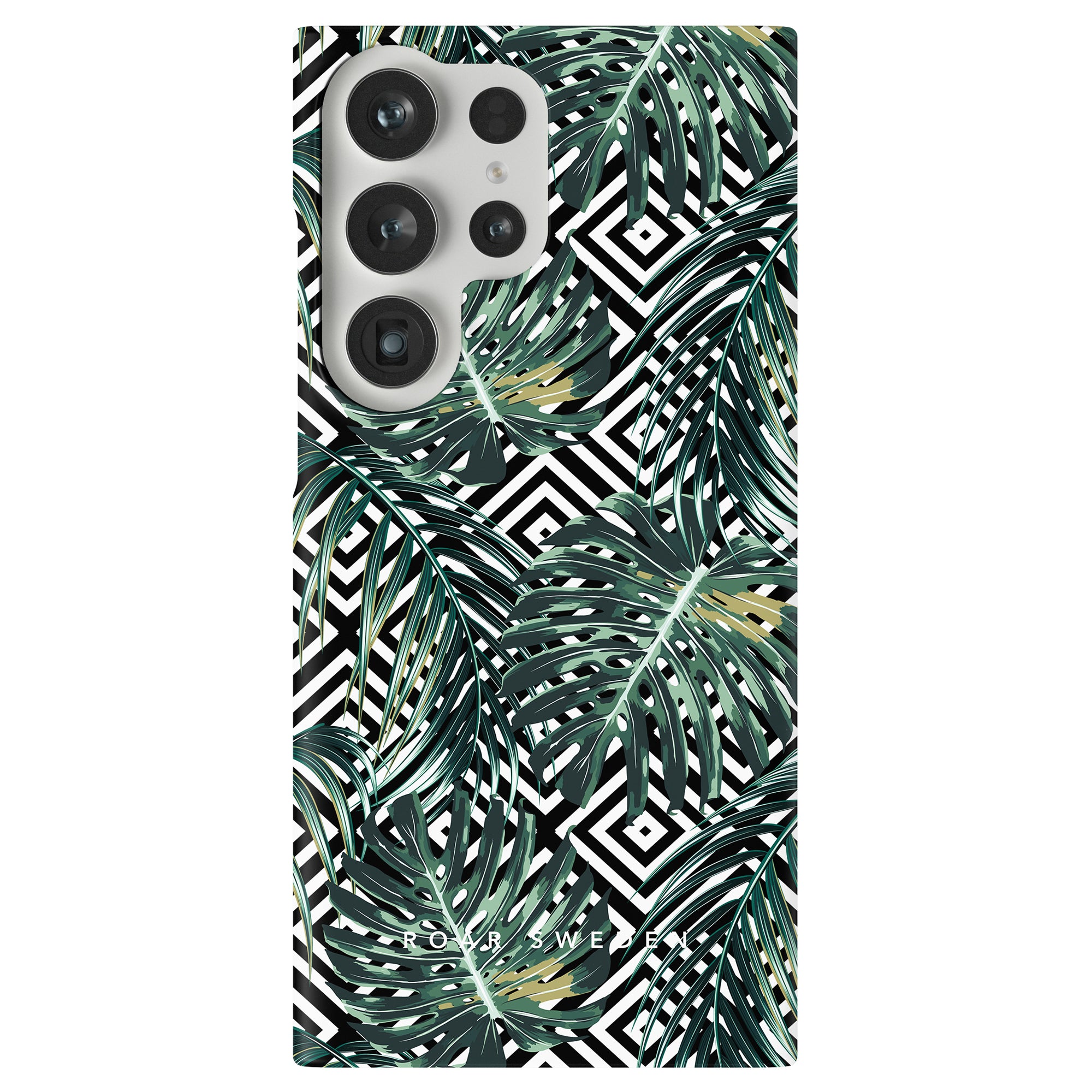 Ett svartvitt telefonfodral med palmblad på, som visar upp den geometriska elegansen i djungelns skönhet. (Produkt: Geometric Jungle - Tunt fodral; Märke: Printeers)