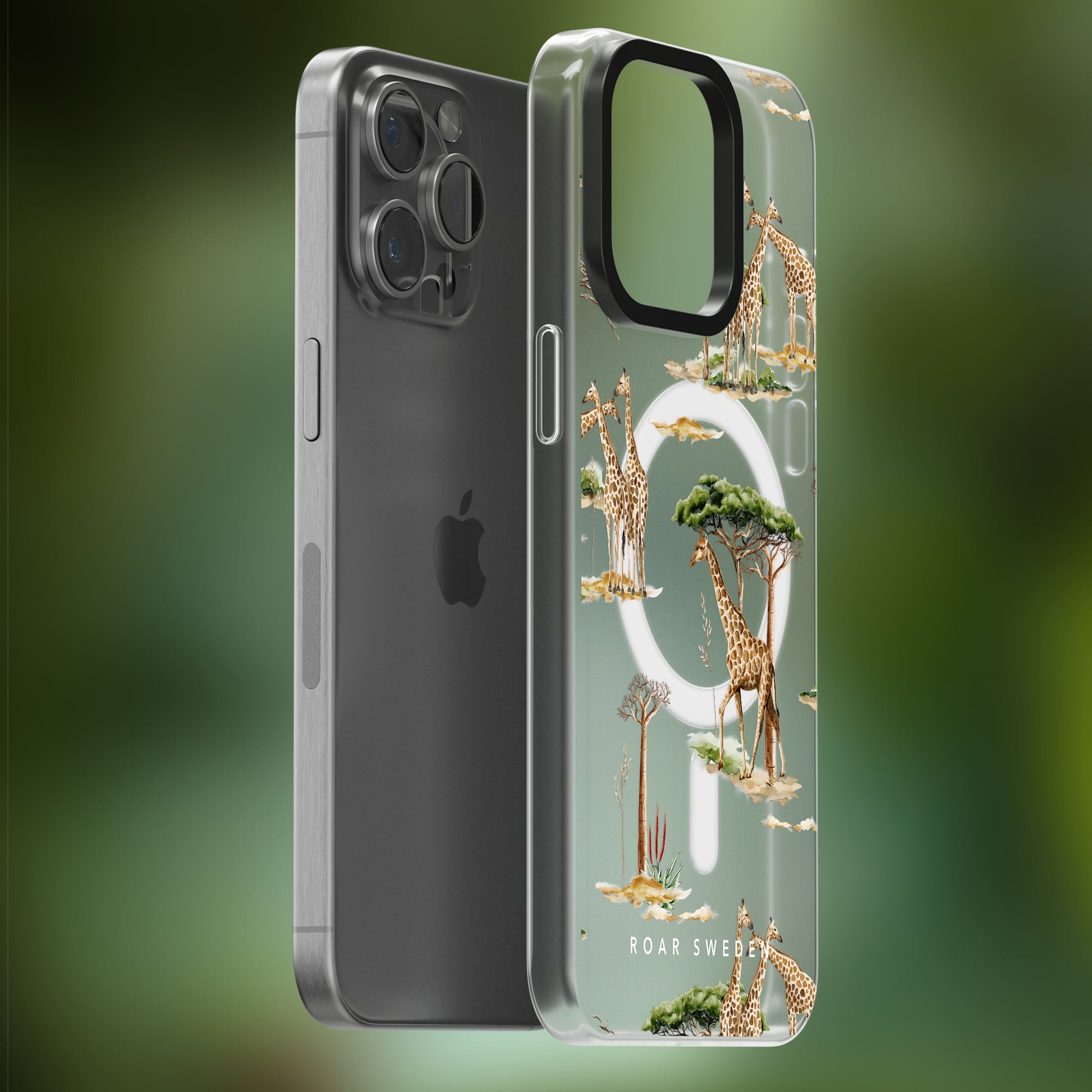 Grey iPhone with a "Giraffa - MagSafe" Case from the Safari Collection, featuring giraffes and trees on a transparent background, with "ROAR SWEDEN" text at the bottom, seamlessly incorporating MagSafe-teknologi.