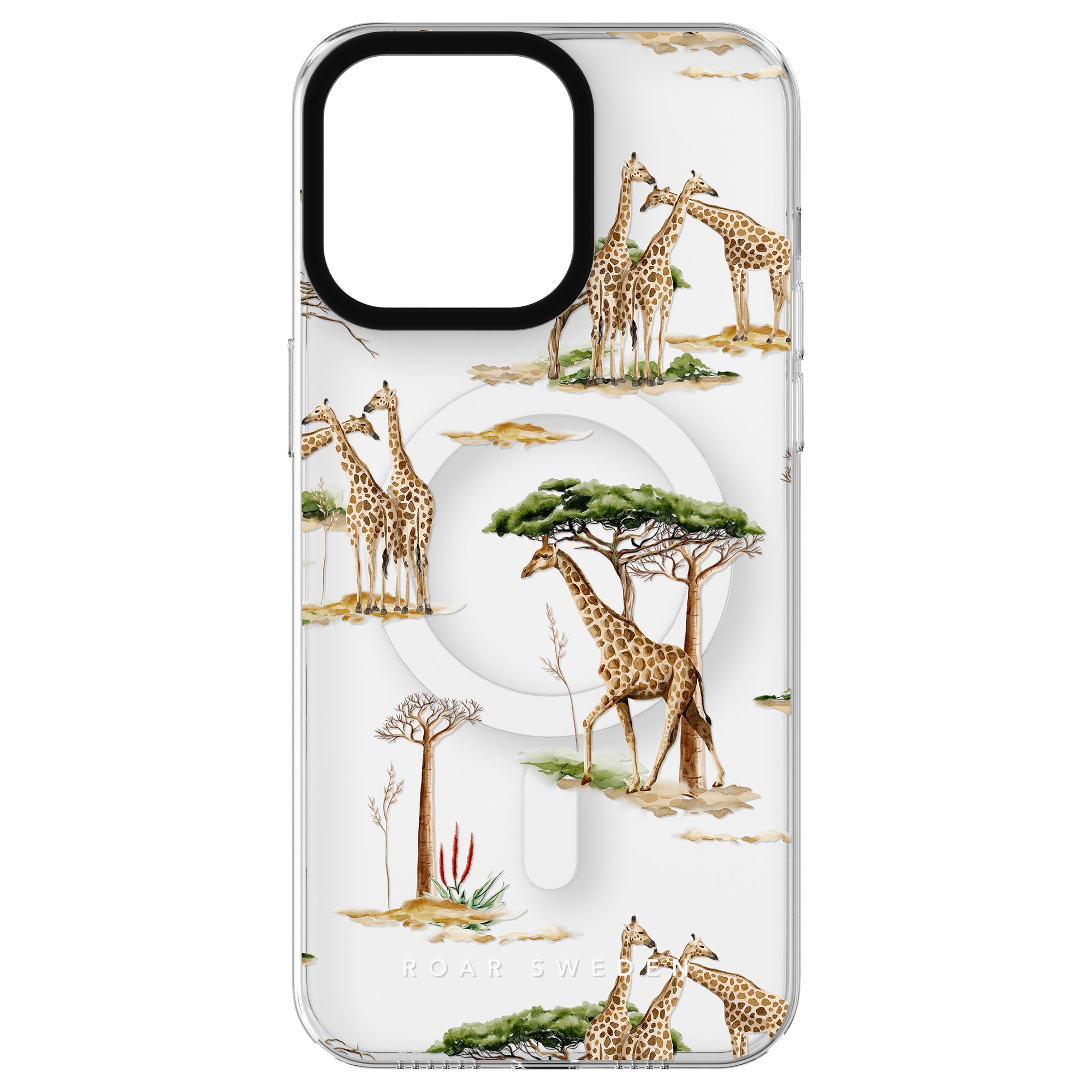 Clear iPhone case featuring delightful illustrations of giraffes and trees on a white background, part of our whimsical Giraffa - MagSafe Collection.