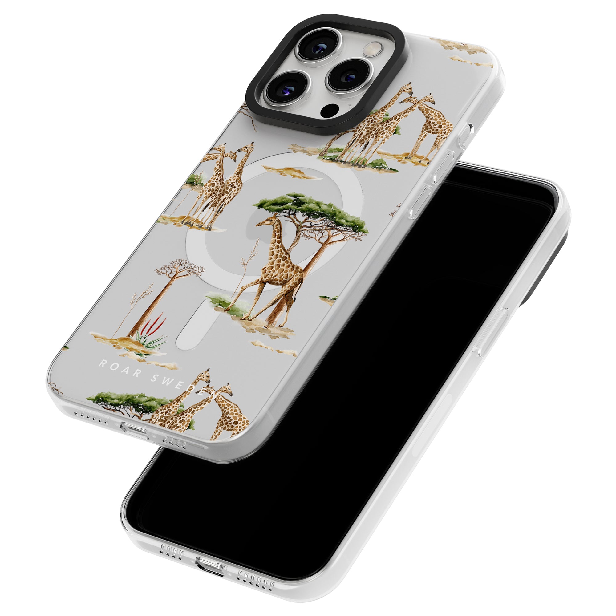 Two iPhones with giraffe-themed cases, one displaying the back showcasing the whimsical design and the other revealing the front with the screen turned off, from our unique Floral Collection featuring Giraffa - MagSafe.