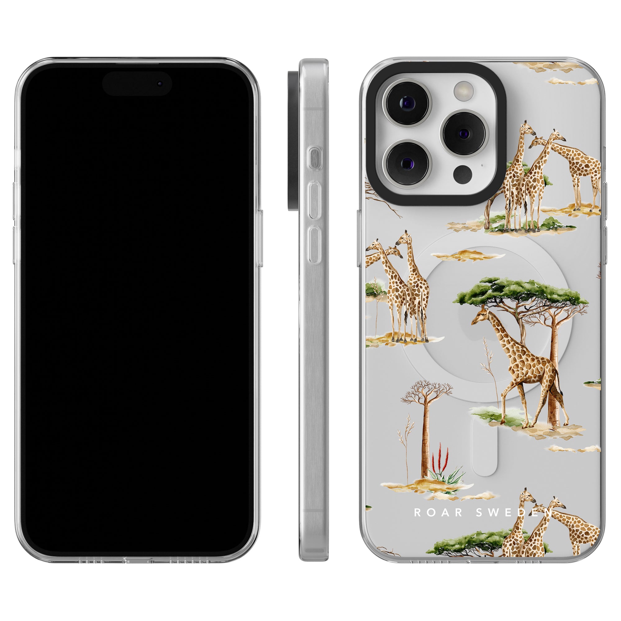 A smartphone next to a Giraffa - MagSafe Case decorated with giraffes, trees, and a blommig design, viewed from front, side, and back. The case is branded "ROAR SWEDEN.