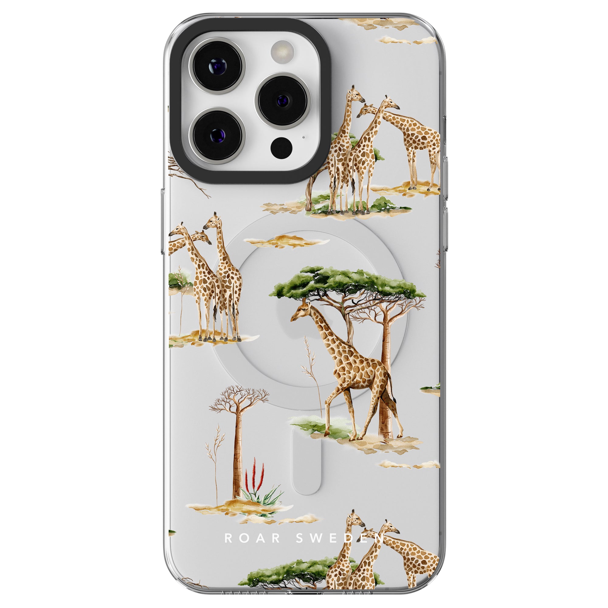 A clear phone case featuring an illustration of giraffes in various poses among scattered trees and shrubs. Part of the Giraffa - MagSafe by ROAR Sweden, this case beautifully blends nature with whimsical charm.