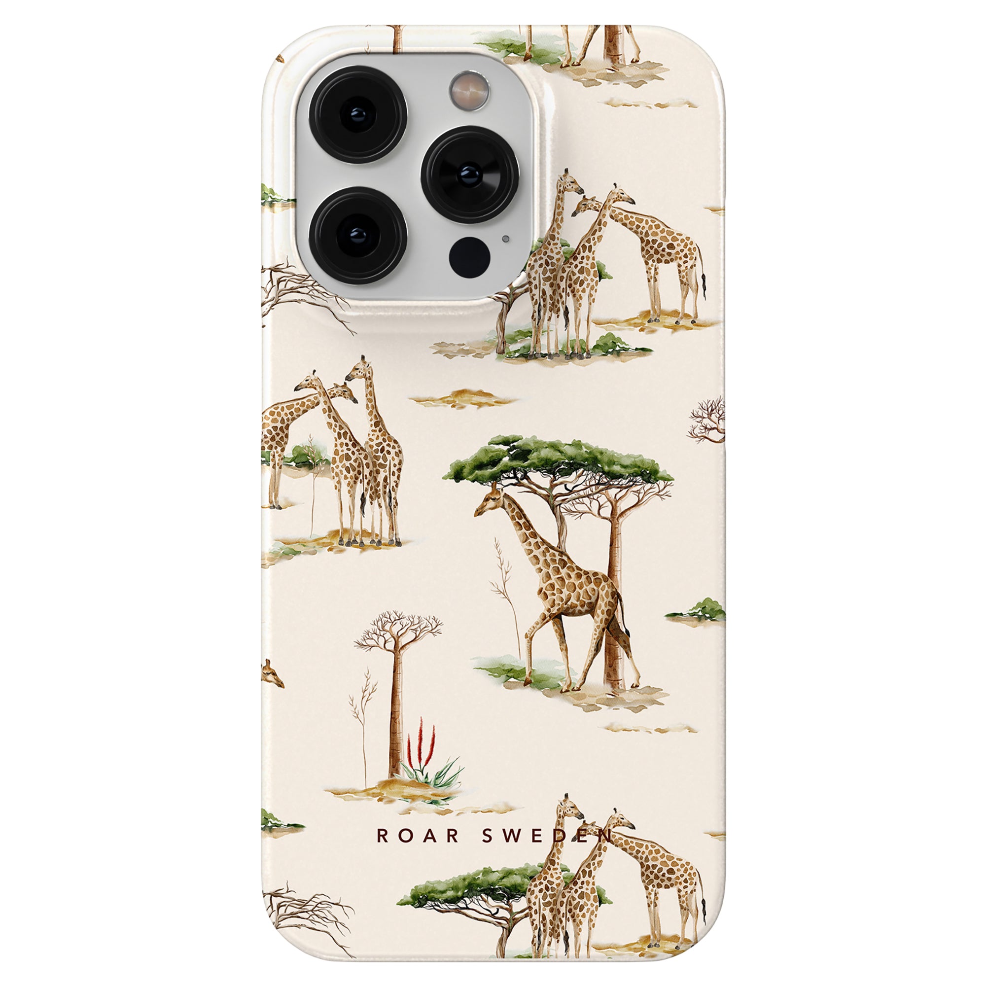 Introducing the Giraffa - Slim case from our Safari Collection—a smartphone case featuring a pattern of giraffes and trees on a cream background. The words "ROAR SWEEP" are printed at the bottom, offering both style and skydd mot repor och stötar.